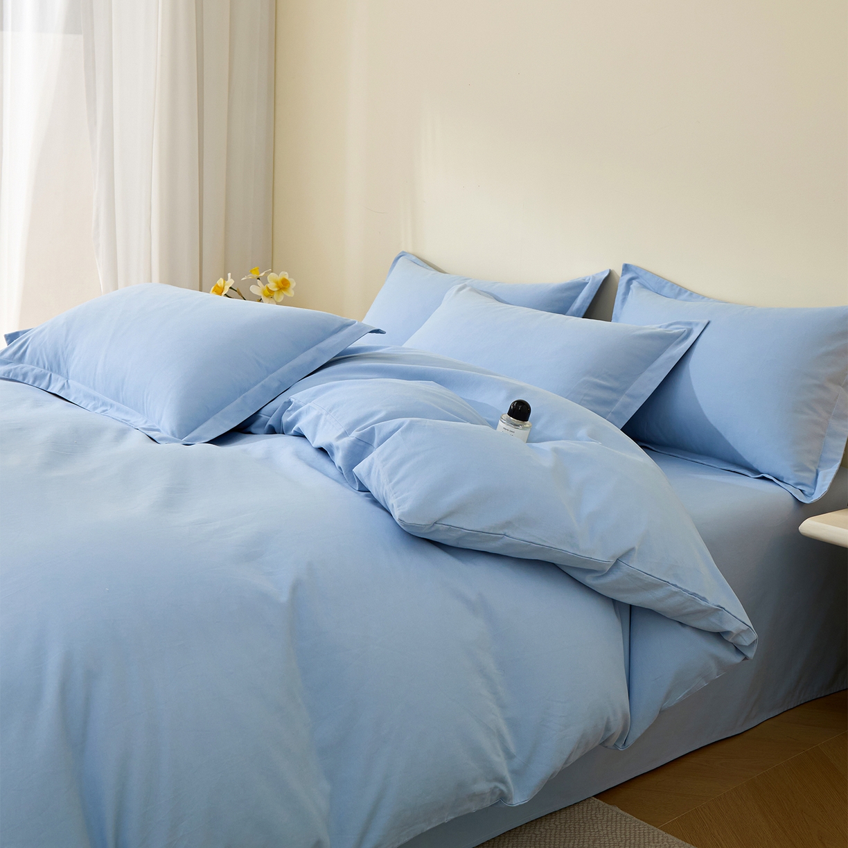 91家纺网 家纺一手货源 找家纺 元元家居（元元被业） 2025秋冬新款全棉纯棉磨毛纯色四件套 景泰蓝