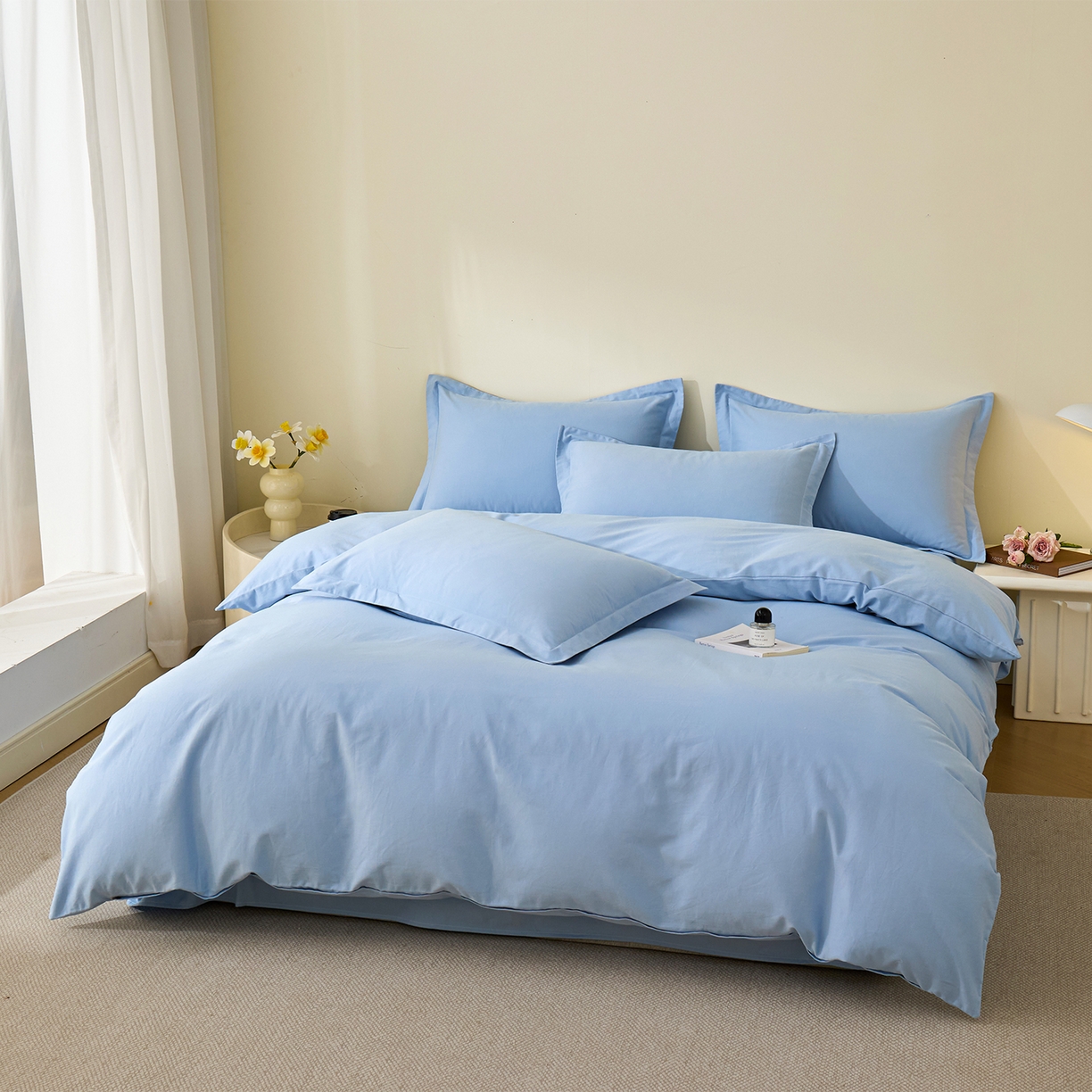 91家纺网 家纺一手货源 找家纺 元元家居（元元被业） 2025秋冬新款全棉纯棉磨毛纯色四件套 景泰蓝