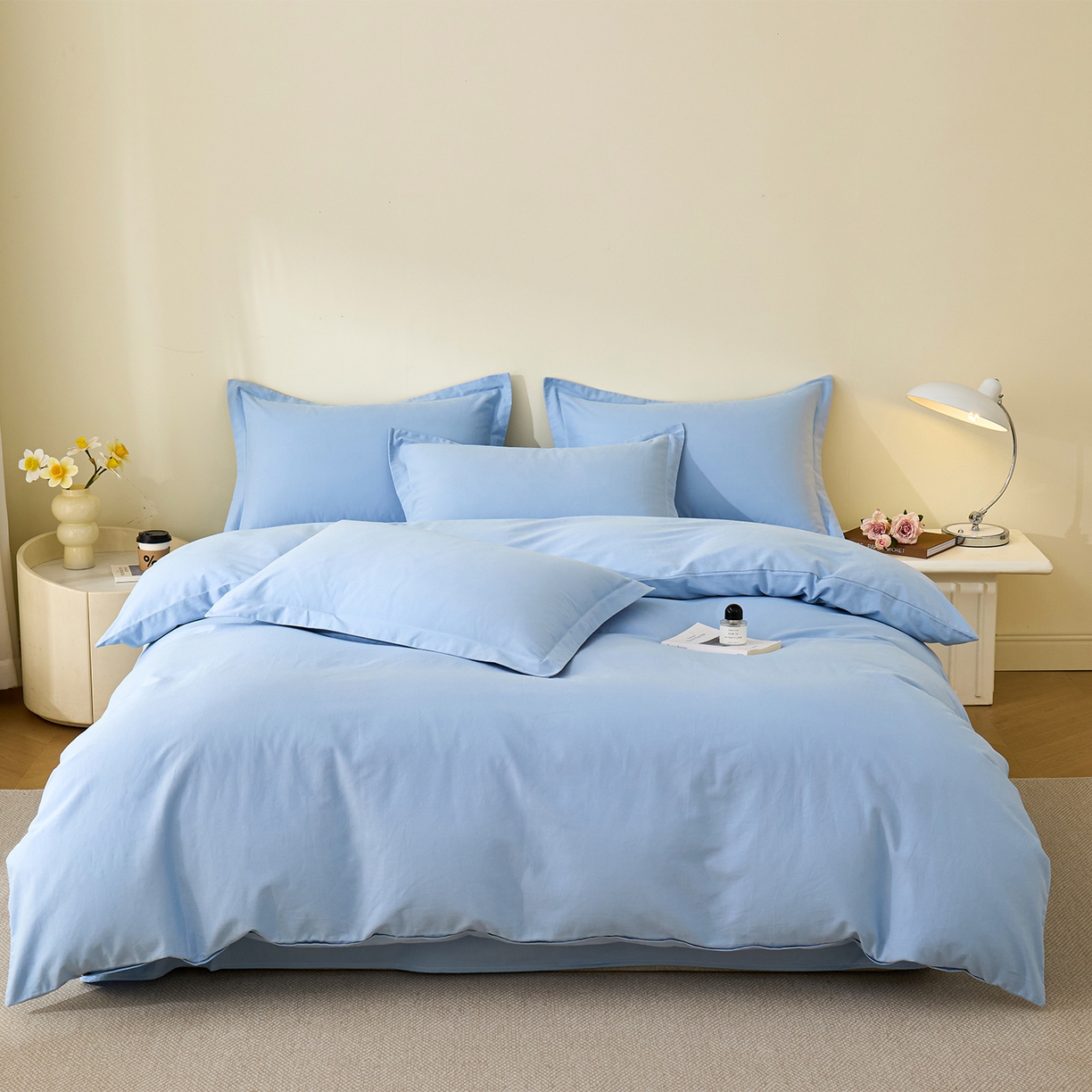 91家纺网 家纺一手货源 找家纺 元元家居（元元被业） 2025秋冬新款全棉纯棉磨毛纯色四件套 景泰蓝