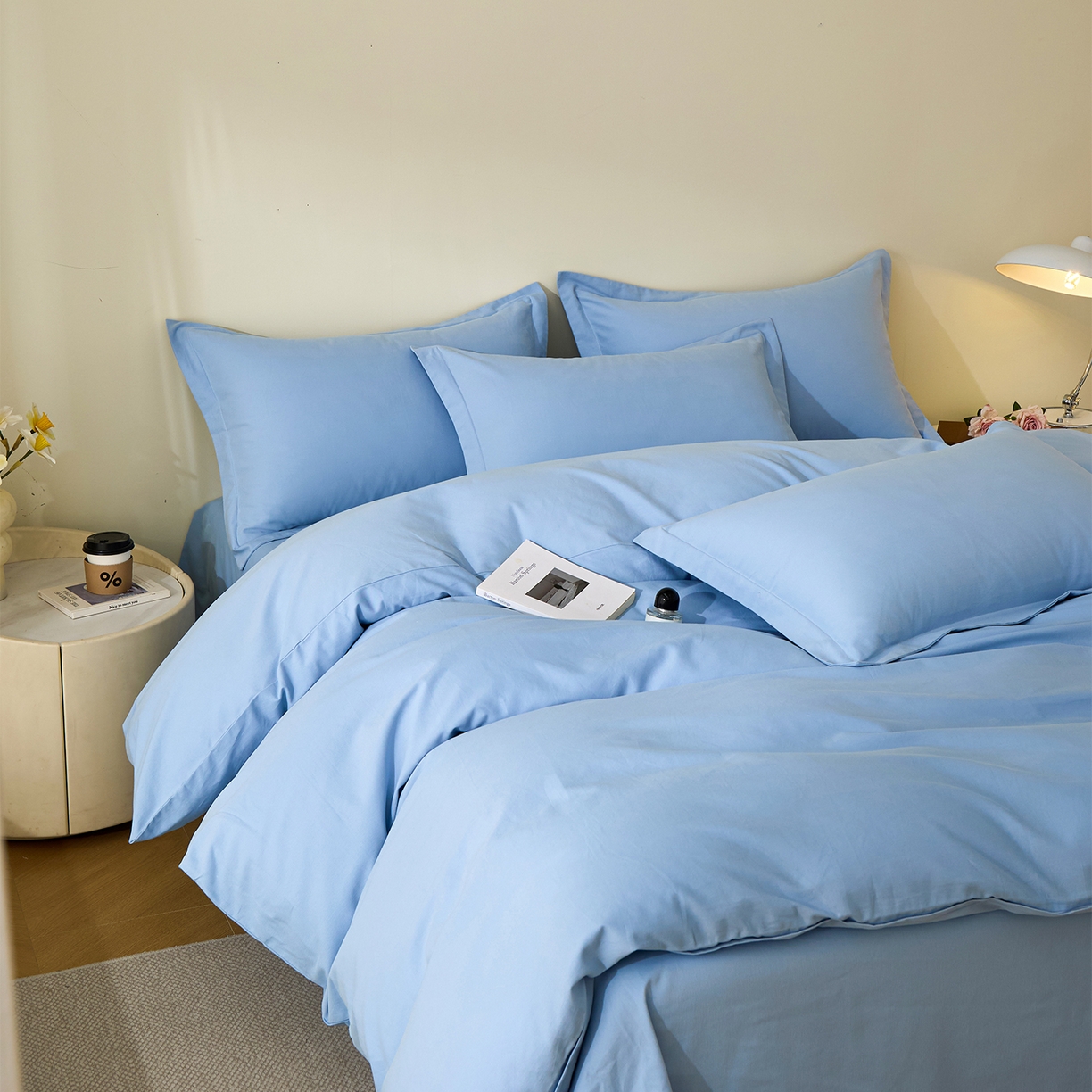 91家纺网 家纺一手货源 找家纺 元元家居（元元被业） 2025秋冬新款全棉纯棉磨毛纯色四件套 景泰蓝