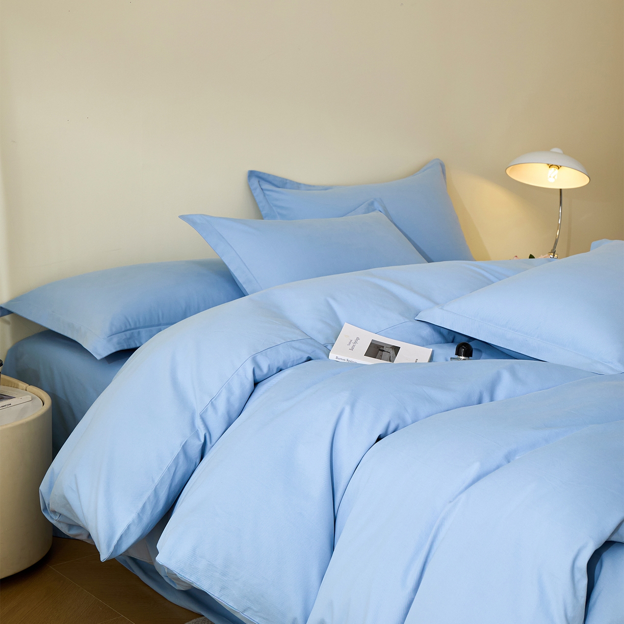 91家纺网 家纺一手货源 找家纺 元元家居（元元被业） 2025秋冬新款全棉纯棉磨毛纯色四件套 景泰蓝