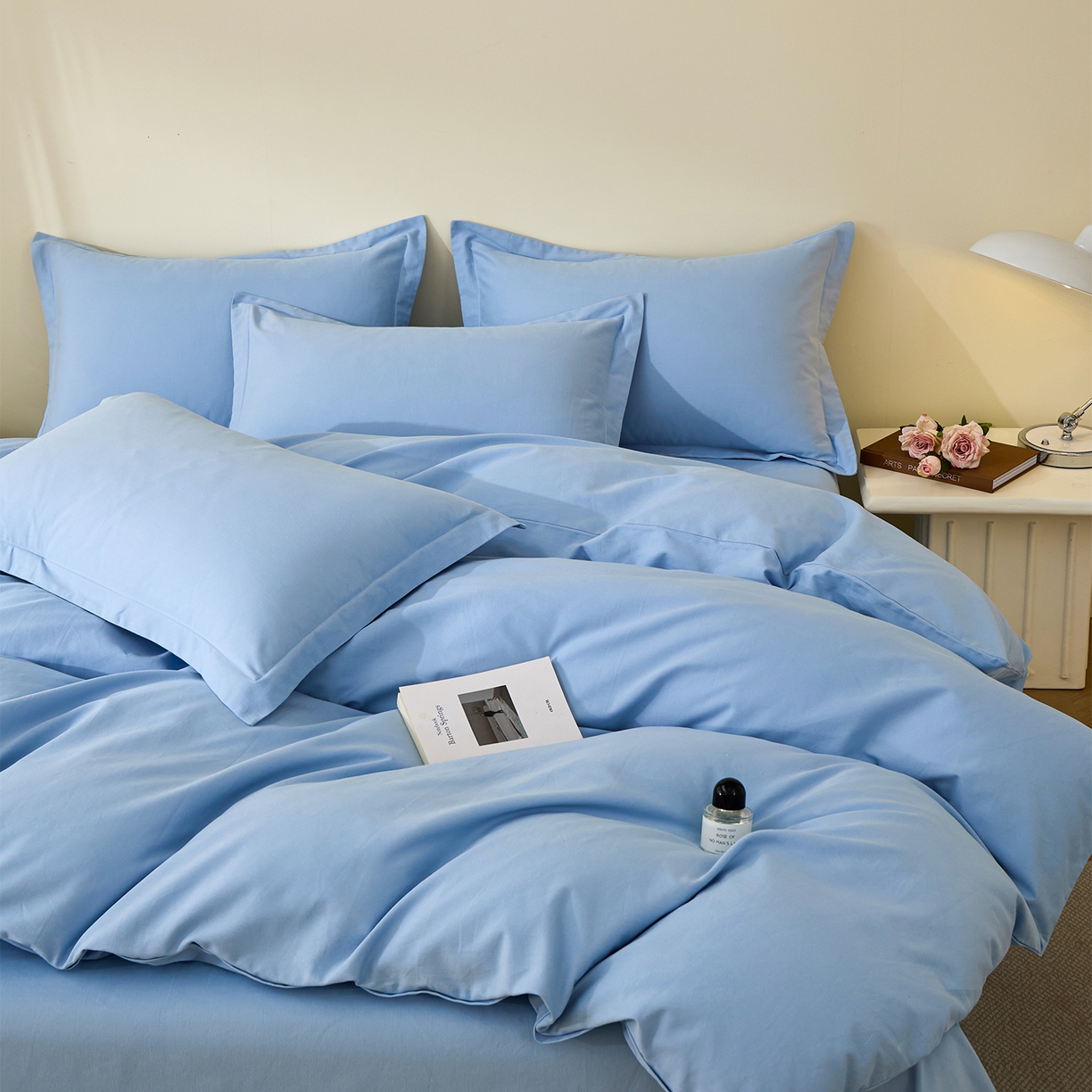 91家纺网 家纺一手货源 找家纺 元元家居（元元被业） 2025秋冬新款全棉纯棉磨毛纯色四件套 景泰蓝