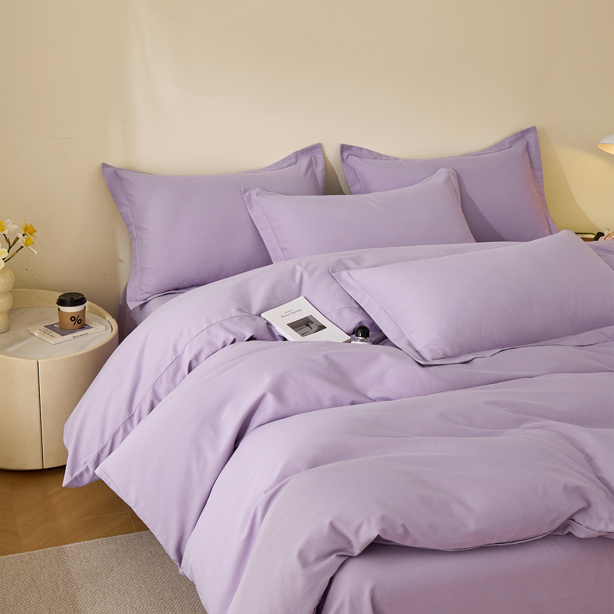 91家纺网 家纺一手货源 找家纺 元元家居（元元被业） 2025秋冬新款全棉纯棉磨毛纯色四件套 慕山紫