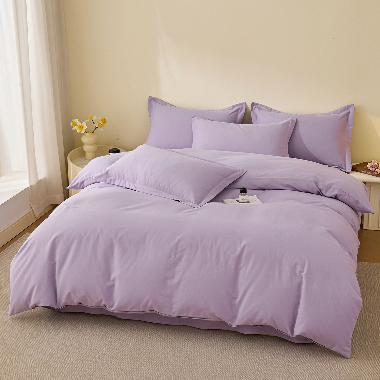 91家纺网 家纺一手货源 找家纺 元元家居（元元被业） 2025秋冬新款全棉纯棉磨毛纯色四件套 慕山紫