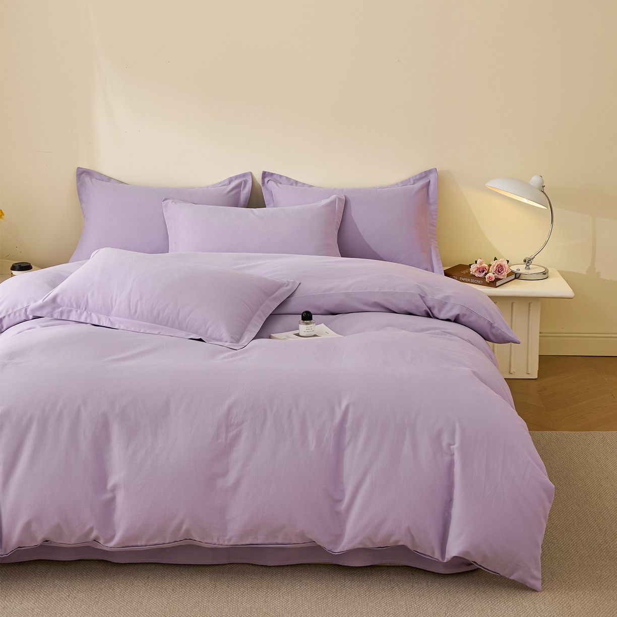 91家纺网 家纺一手货源 找家纺 元元家居（元元被业） 2025秋冬新款全棉纯棉磨毛纯色四件套 慕山紫