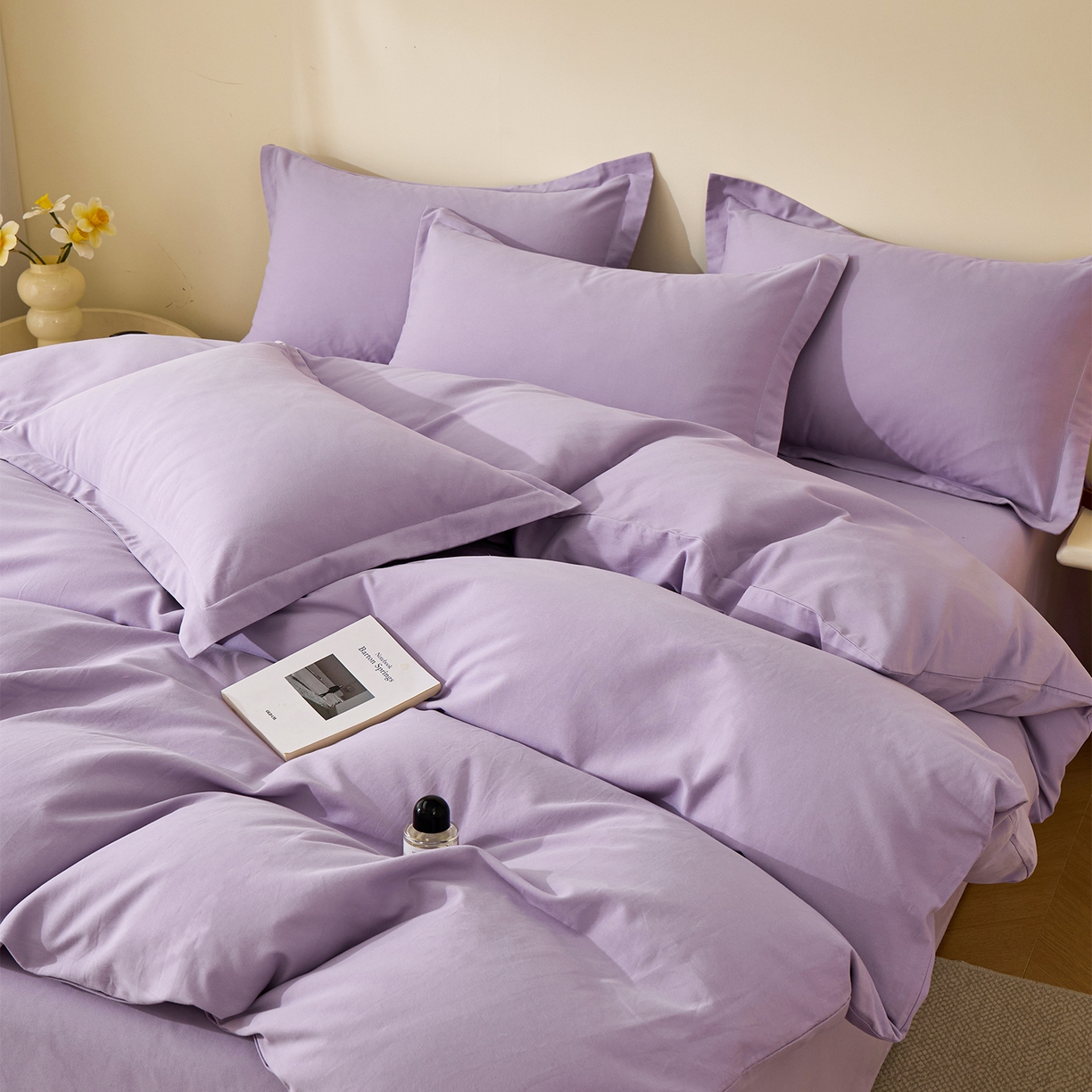 91家纺网 家纺一手货源 找家纺 元元家居（元元被业） 2025秋冬新款全棉纯棉磨毛纯色四件套 慕山紫