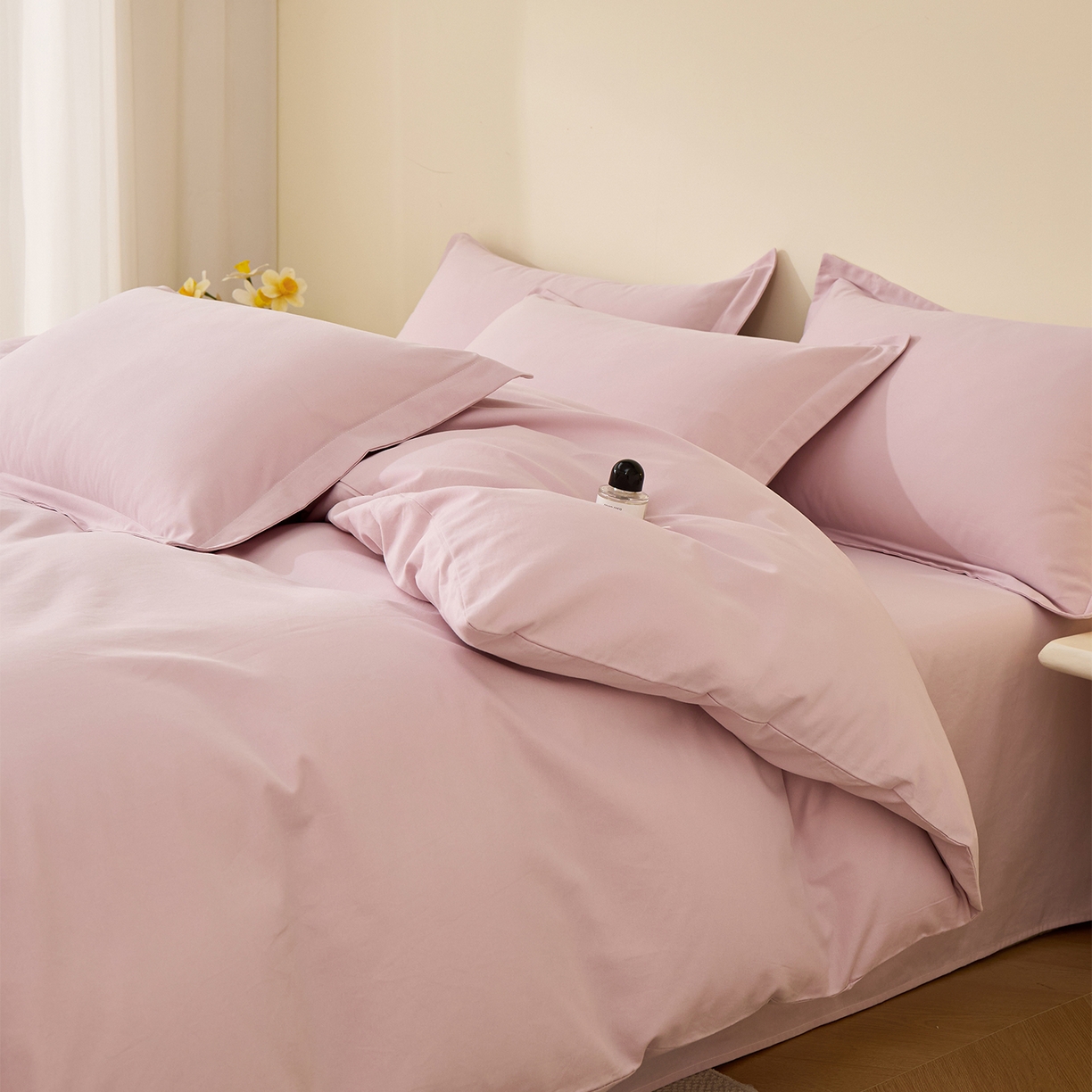 91家纺网 家纺一手货源 找家纺 元元家居（元元被业） 2025秋冬新款全棉纯棉磨毛纯色四件套 水粉