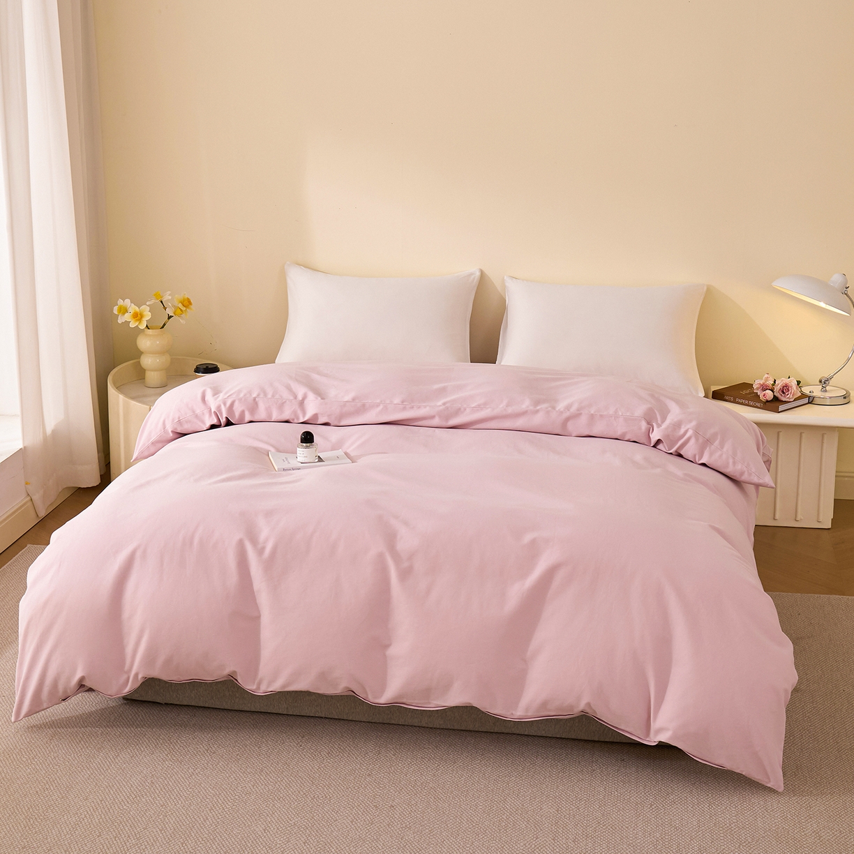 91家纺网 家纺一手货源 找家纺 元元家居（元元被业） 2025秋冬新款全棉纯棉磨毛纯色四件套 水粉