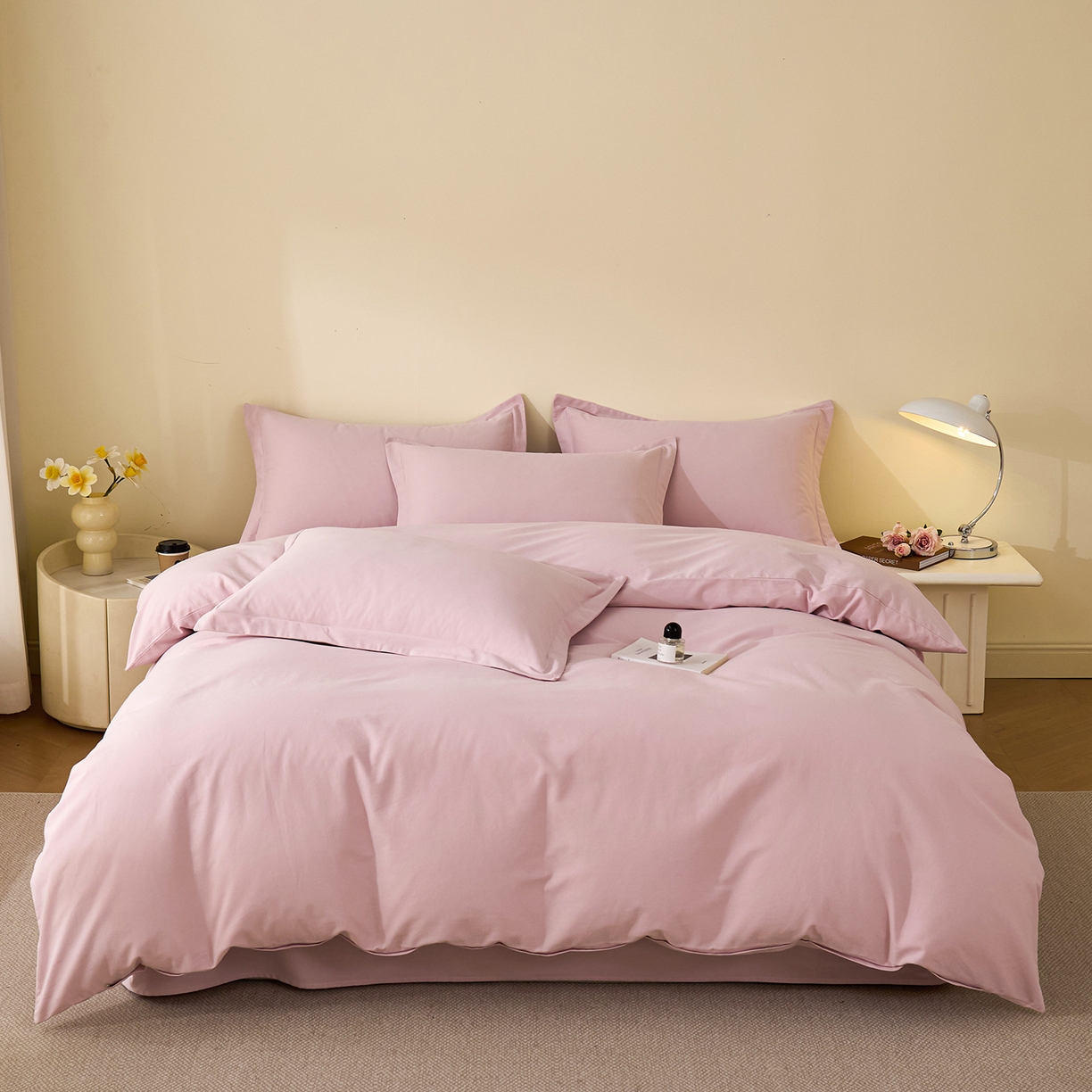 91家纺网 家纺一手货源 找家纺 元元家居（元元被业） 2025秋冬新款全棉纯棉磨毛纯色四件套 水粉