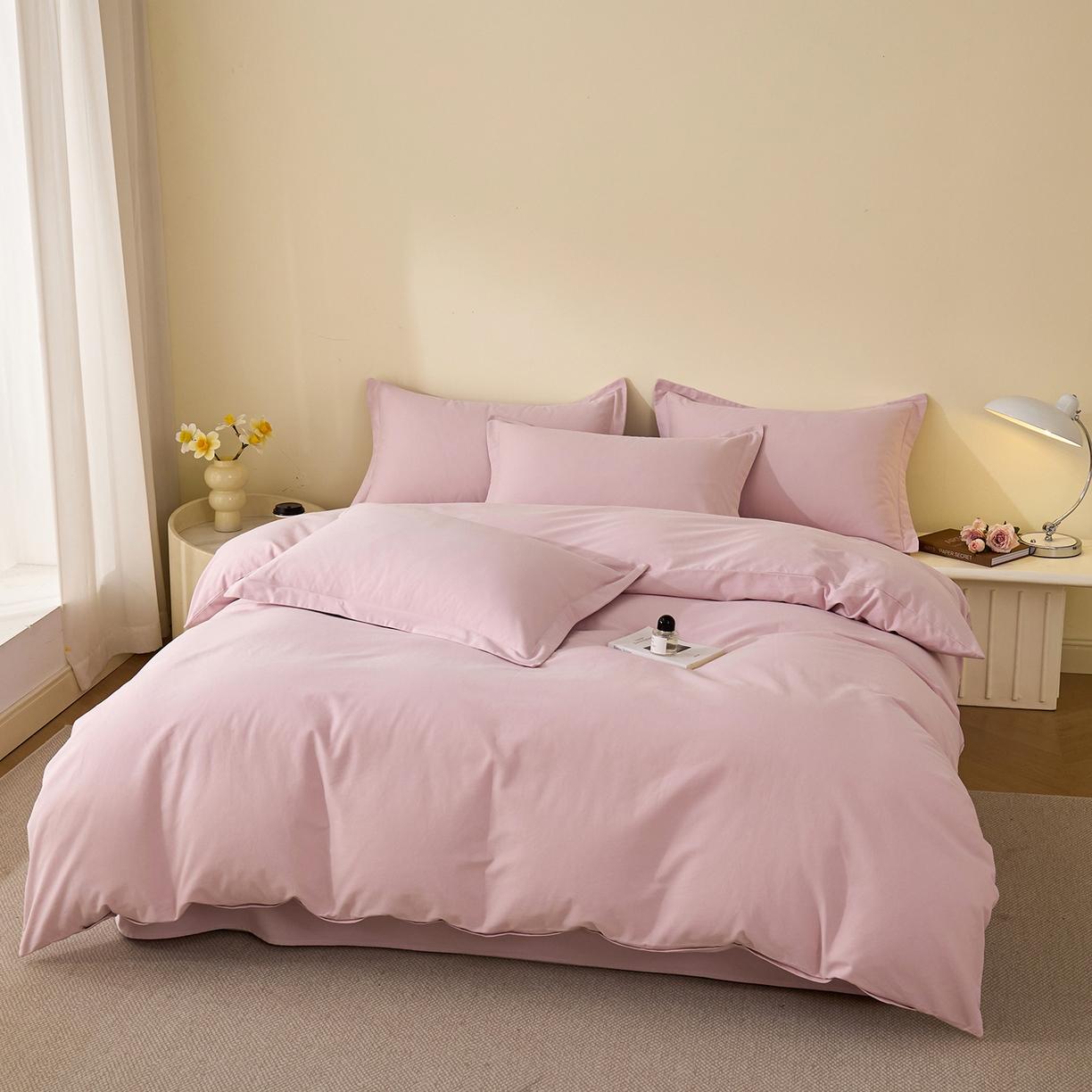 91家纺网 家纺一手货源 找家纺 元元家居（元元被业） 2025秋冬新款全棉纯棉磨毛纯色四件套 水粉