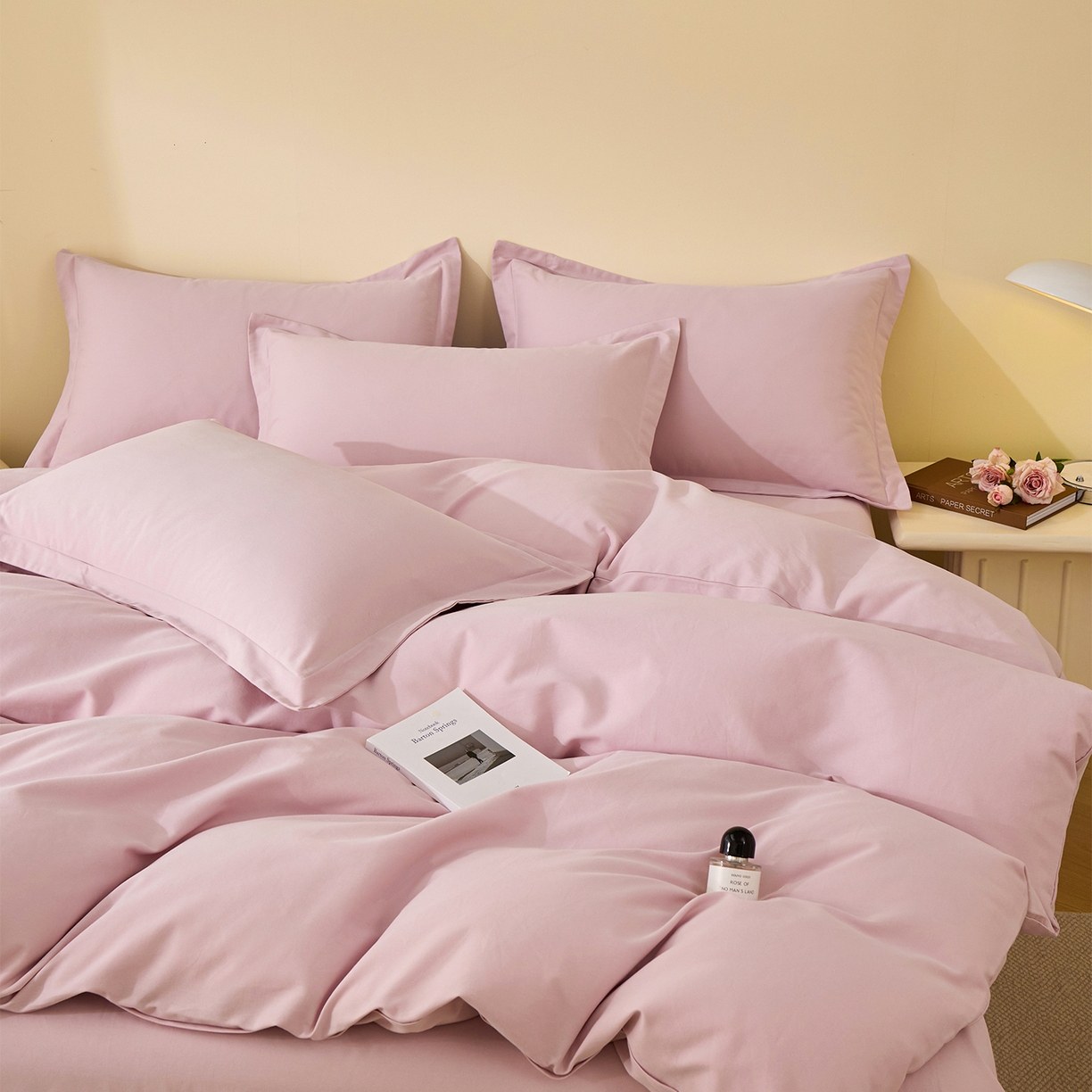 91家纺网 家纺一手货源 找家纺 元元家居（元元被业） 2025秋冬新款全棉纯棉磨毛纯色四件套 水粉