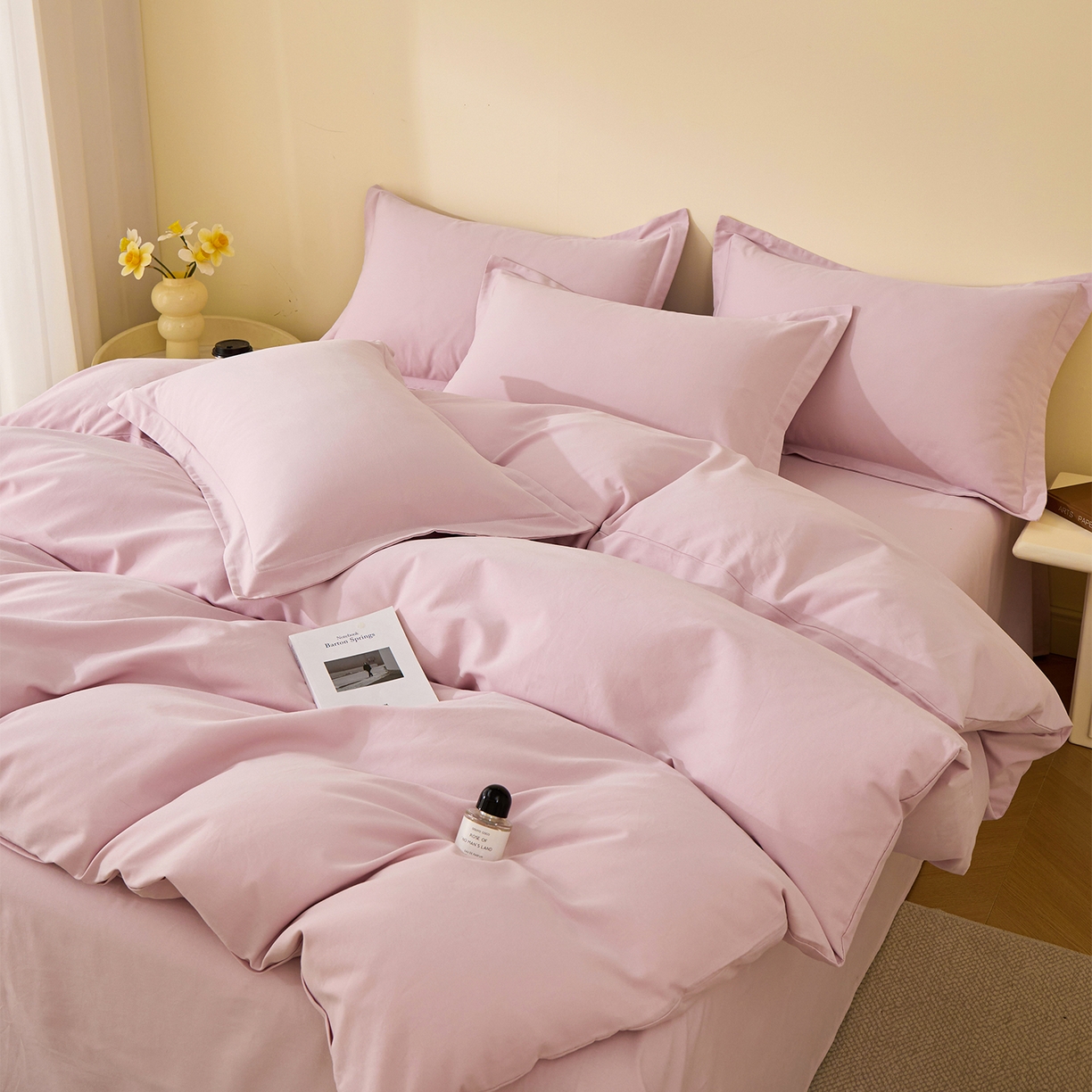 91家纺网 家纺一手货源 找家纺 元元家居（元元被业） 2025秋冬新款全棉纯棉磨毛纯色四件套 水粉