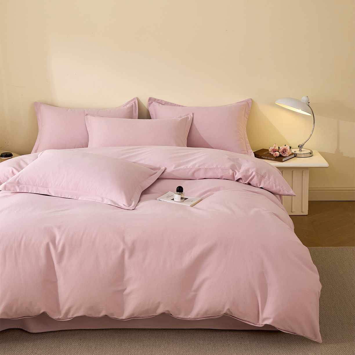 91家纺网 家纺一手货源 找家纺 元元家居（元元被业） 2025秋冬新款全棉纯棉磨毛纯色四件套 水粉