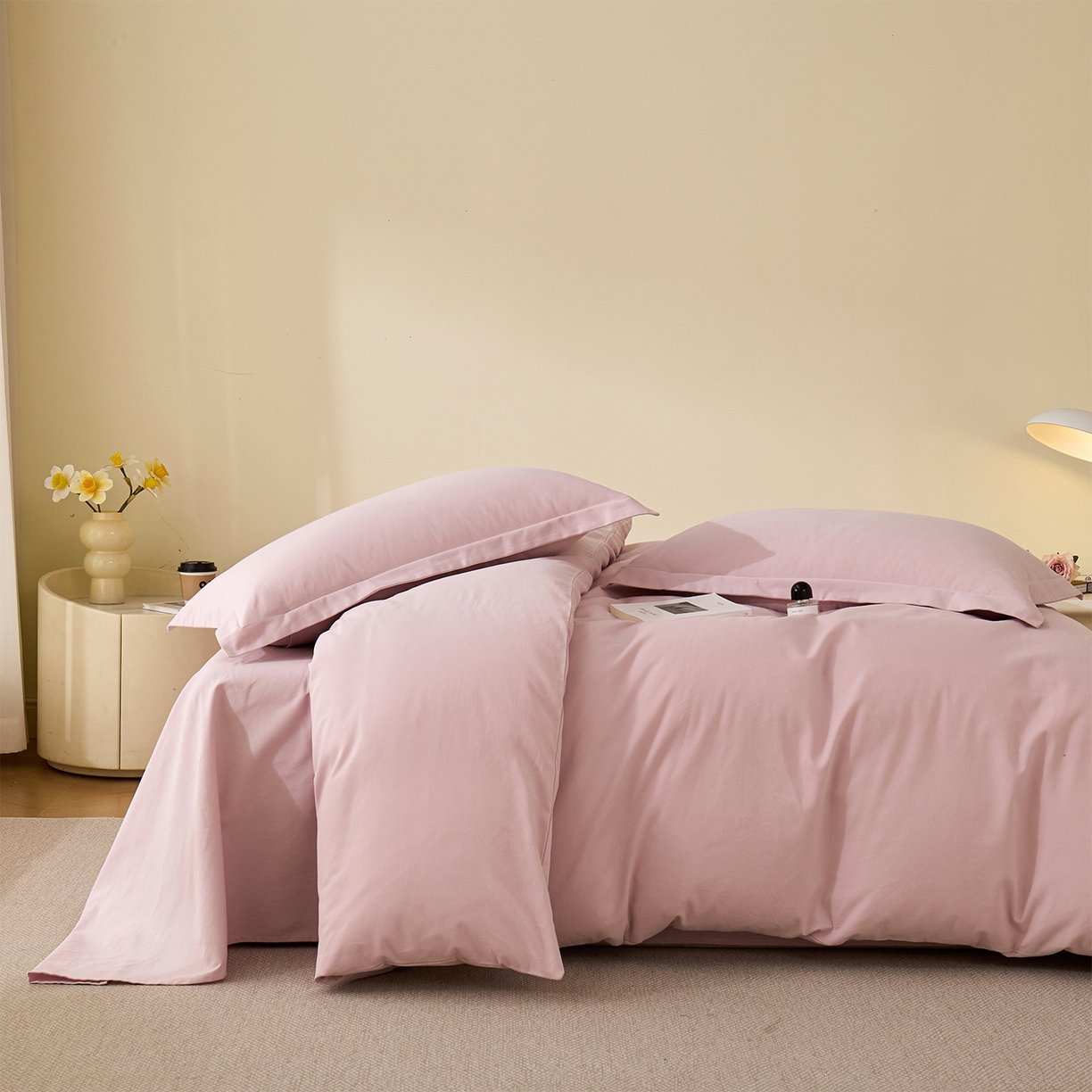 91家纺网 家纺一手货源 找家纺 元元家居（元元被业） 2025秋冬新款全棉纯棉磨毛纯色四件套 水粉