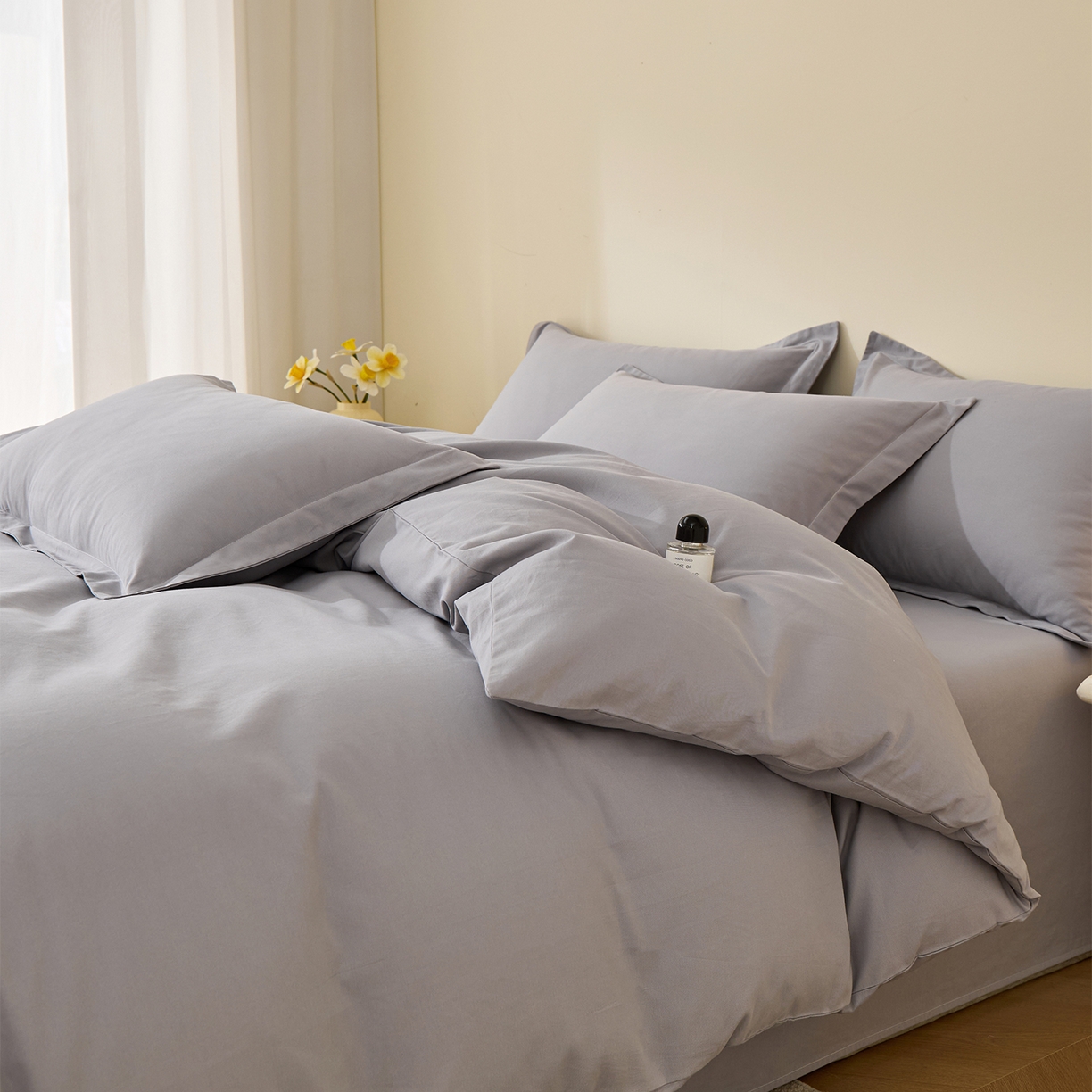 91家纺网 家纺一手货源 找家纺 元元家居（元元被业） 2025秋冬新款全棉纯棉磨毛纯色四件套 烟灰
