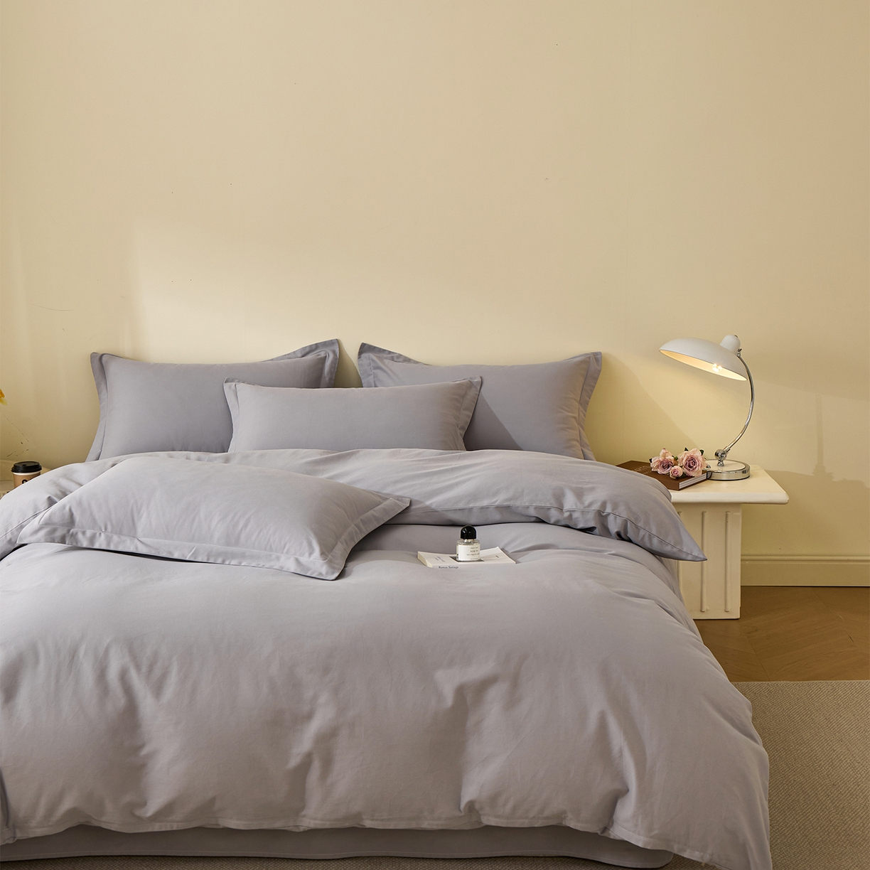 91家纺网 家纺一手货源 找家纺 元元家居（元元被业） 2025秋冬新款全棉纯棉磨毛纯色四件套 烟灰