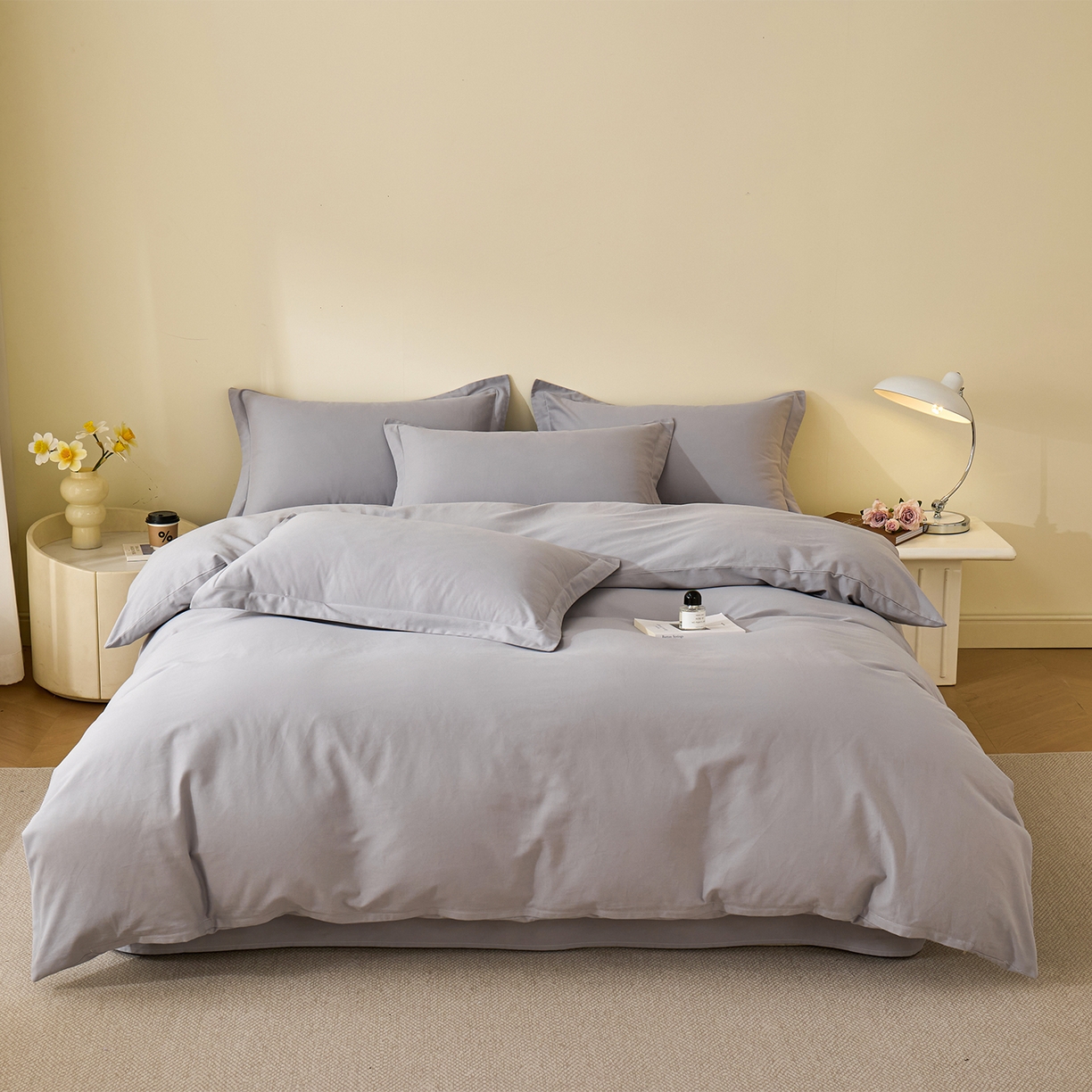 91家纺网 家纺一手货源 找家纺 元元家居（元元被业） 2025秋冬新款全棉纯棉磨毛纯色四件套 烟灰