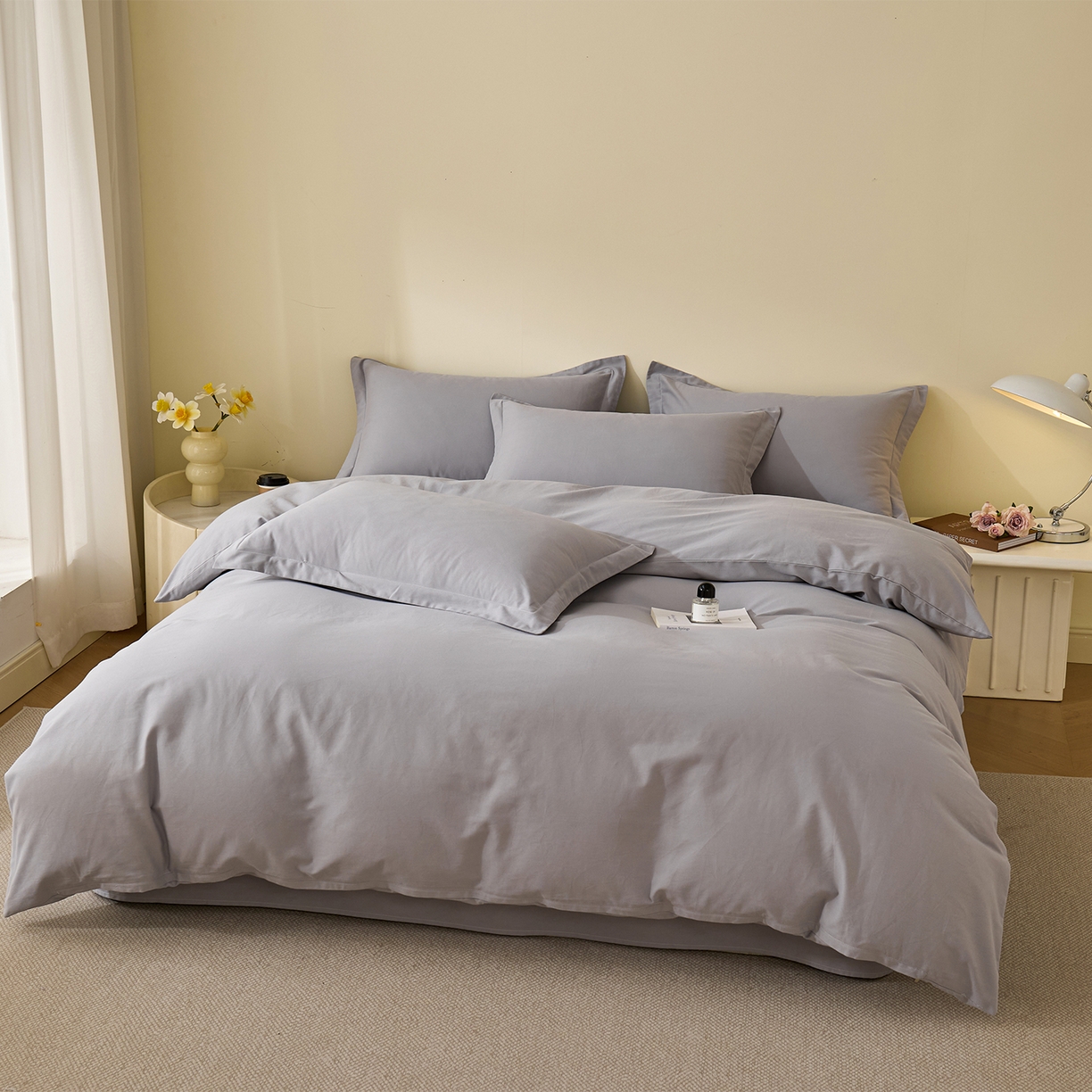 91家纺网 家纺一手货源 找家纺 元元家居（元元被业） 2025秋冬新款全棉纯棉磨毛纯色四件套 烟灰