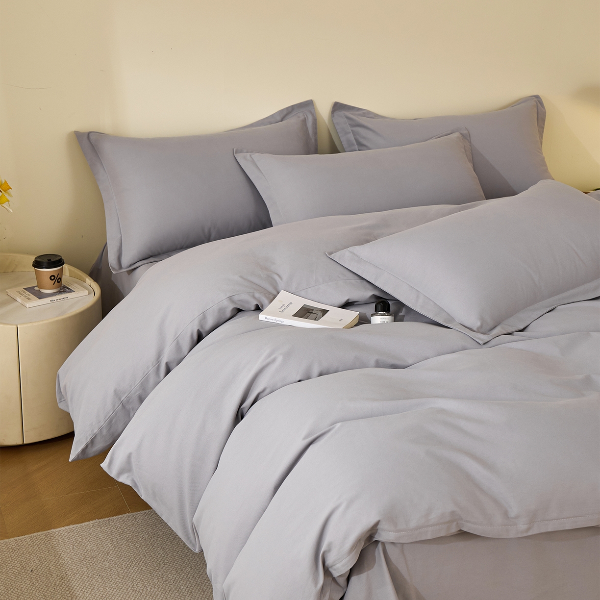 91家纺网 家纺一手货源 找家纺 元元家居（元元被业） 2025秋冬新款全棉纯棉磨毛纯色四件套 烟灰