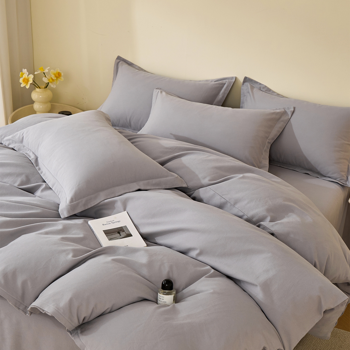 91家纺网 家纺一手货源 找家纺 元元家居（元元被业） 2025秋冬新款全棉纯棉磨毛纯色四件套 烟灰