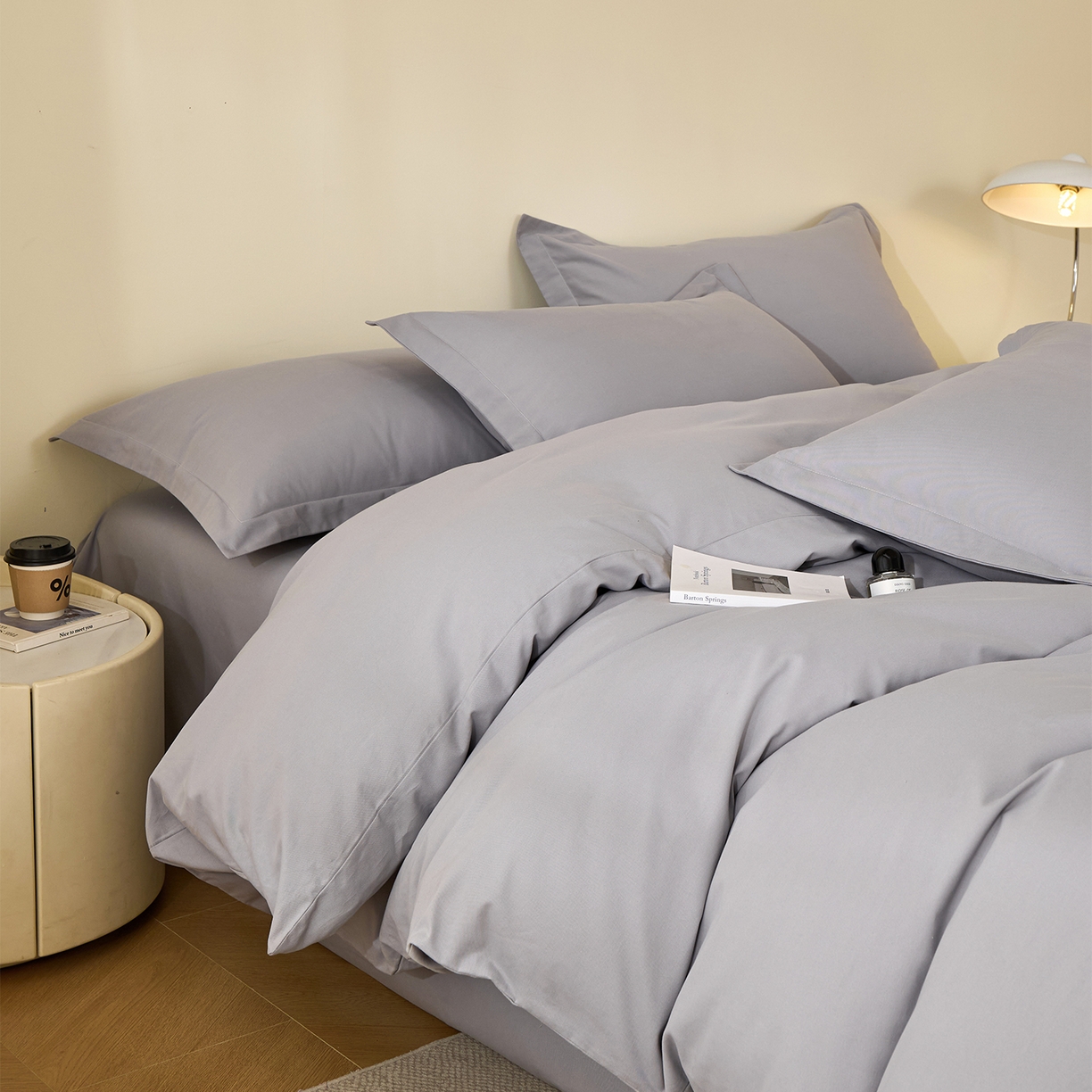 91家纺网 家纺一手货源 找家纺 元元家居（元元被业） 2025秋冬新款全棉纯棉磨毛纯色四件套 烟灰