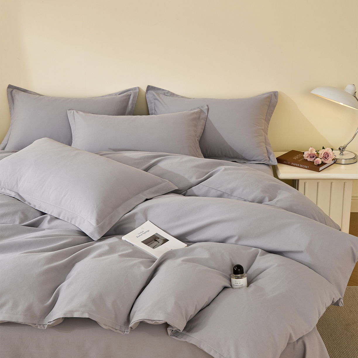 91家纺网 家纺一手货源 找家纺 元元家居（元元被业） 2025秋冬新款全棉纯棉磨毛纯色四件套 烟灰