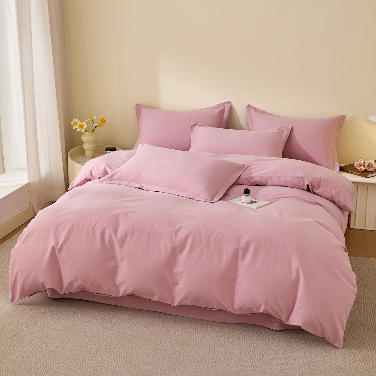 91家纺网 家纺一手货源 找家纺 元元家居（元元被业） 2025秋冬新款全棉纯棉磨毛纯色四件套 芝士粉