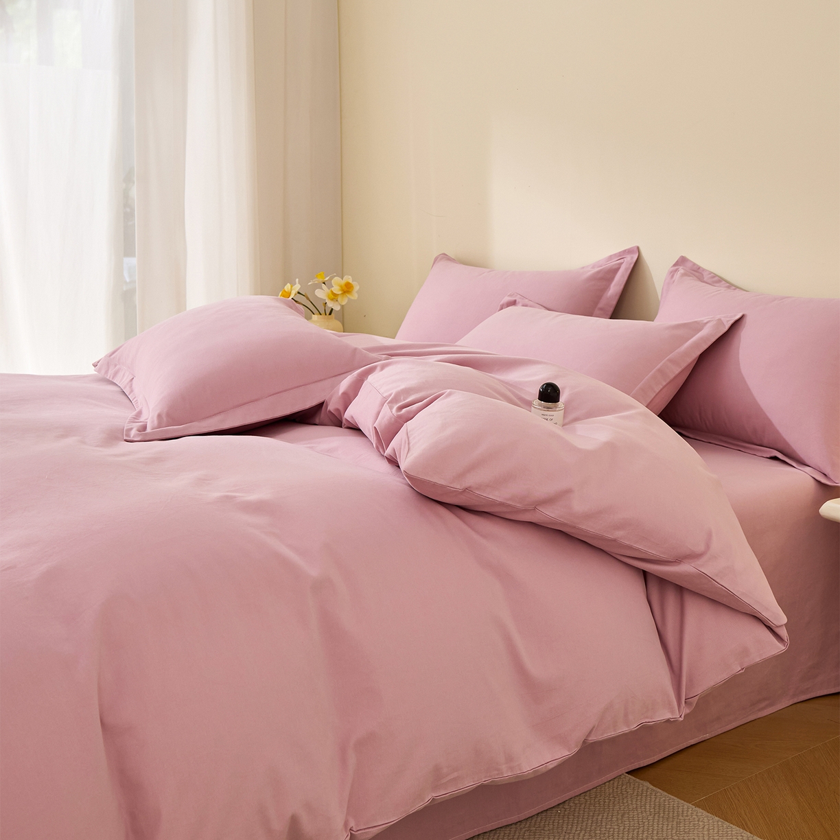 91家纺网 家纺一手货源 找家纺 元元家居（元元被业） 2025秋冬新款全棉纯棉磨毛纯色四件套 芝士粉