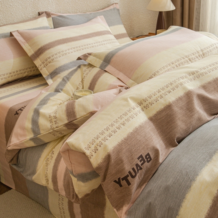 小叮当家纺仓储工厂店 2025新款（买家秀 不断货）简约时尚全棉纯棉磨毛四件套 彩虹条-粉