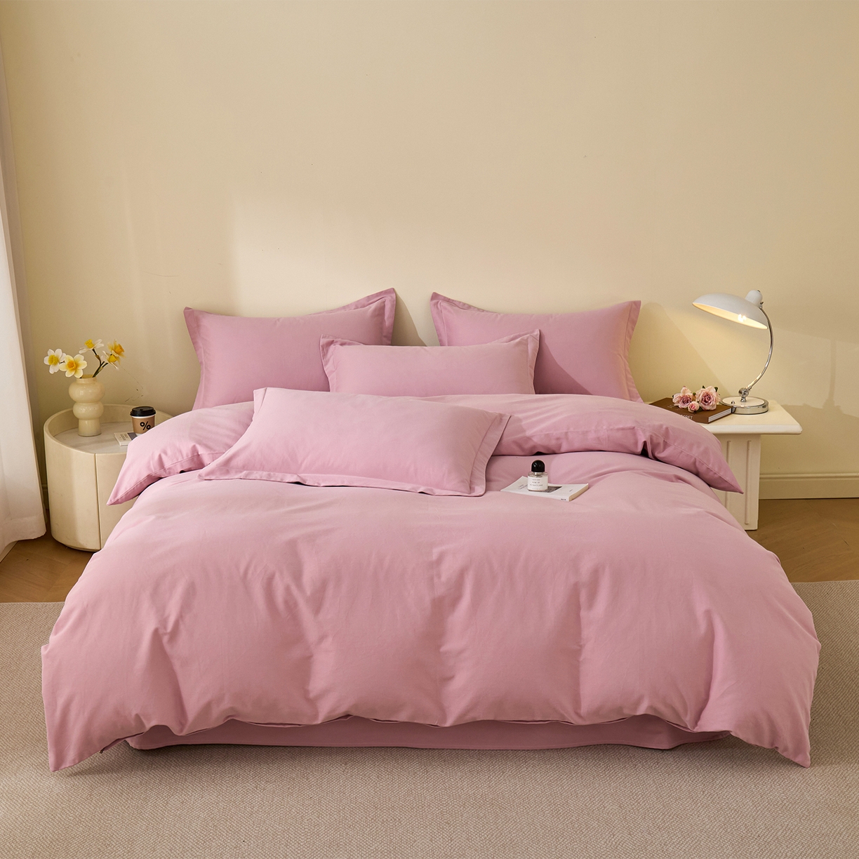 91家纺网 家纺一手货源 找家纺 元元家居（元元被业） 2025秋冬新款全棉纯棉磨毛纯色四件套 芝士粉