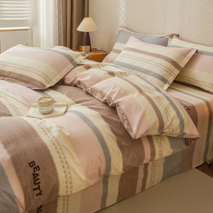 91家纺网 家纺一手货源 找家纺 小叮当家纺仓储工厂店 2025新款（买家秀 不断货）简约时尚全棉纯棉磨毛四件套 彩虹条-粉