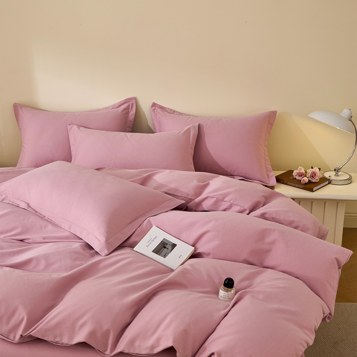 91家纺网 家纺一手货源 找家纺 元元家居（元元被业） 2025秋冬新款全棉纯棉磨毛纯色四件套 芝士粉