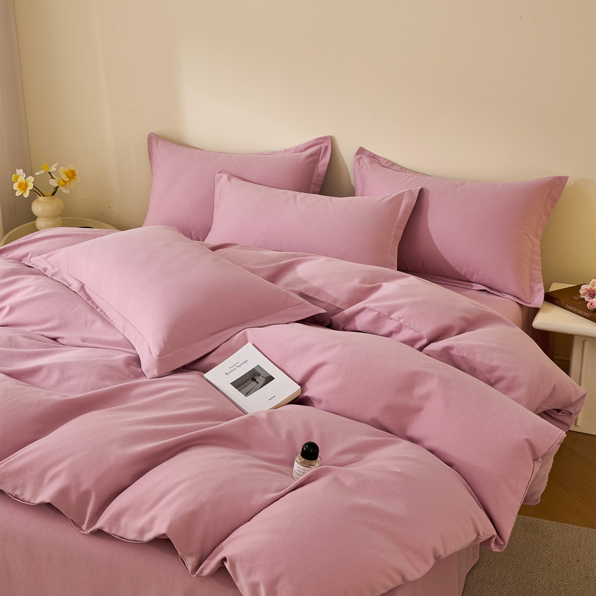 91家纺网 家纺一手货源 找家纺 元元家居（元元被业） 2025秋冬新款全棉纯棉磨毛纯色四件套 芝士粉