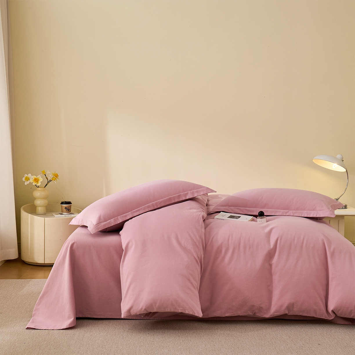 91家纺网 家纺一手货源 找家纺 元元家居（元元被业） 2025秋冬新款全棉纯棉磨毛纯色四件套 芝士粉