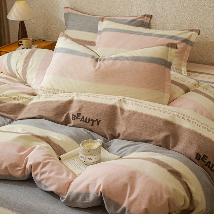 91家纺网 家纺一手货源 找家纺 小叮当家纺仓储工厂店 2025新款（买家秀 不断货）简约时尚全棉纯棉磨毛四件套 彩虹条-粉