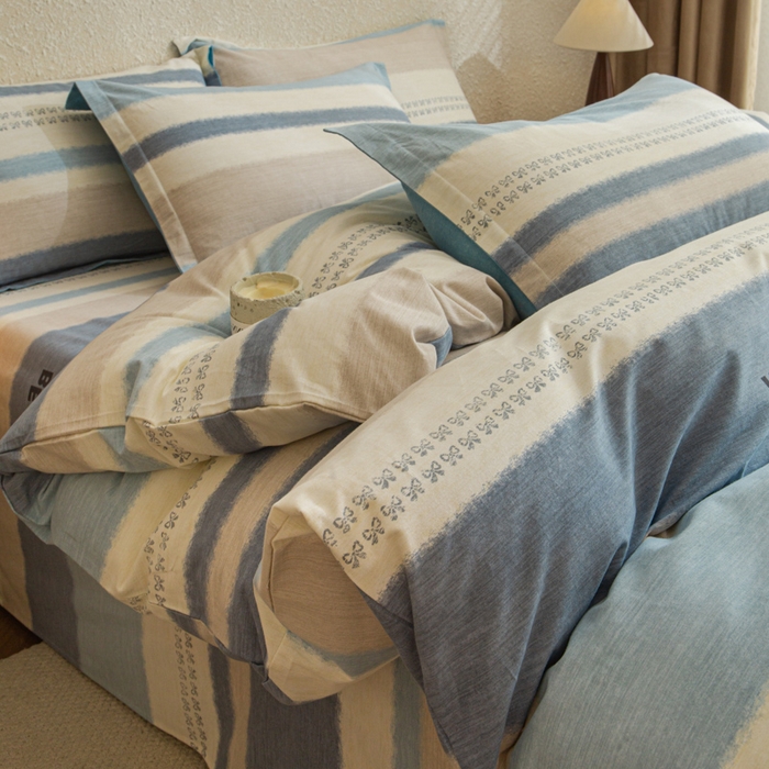 小叮当家纺仓储工厂店 2025新款（买家秀 不断货）简约时尚全棉纯棉磨毛四件套 彩虹条-蓝