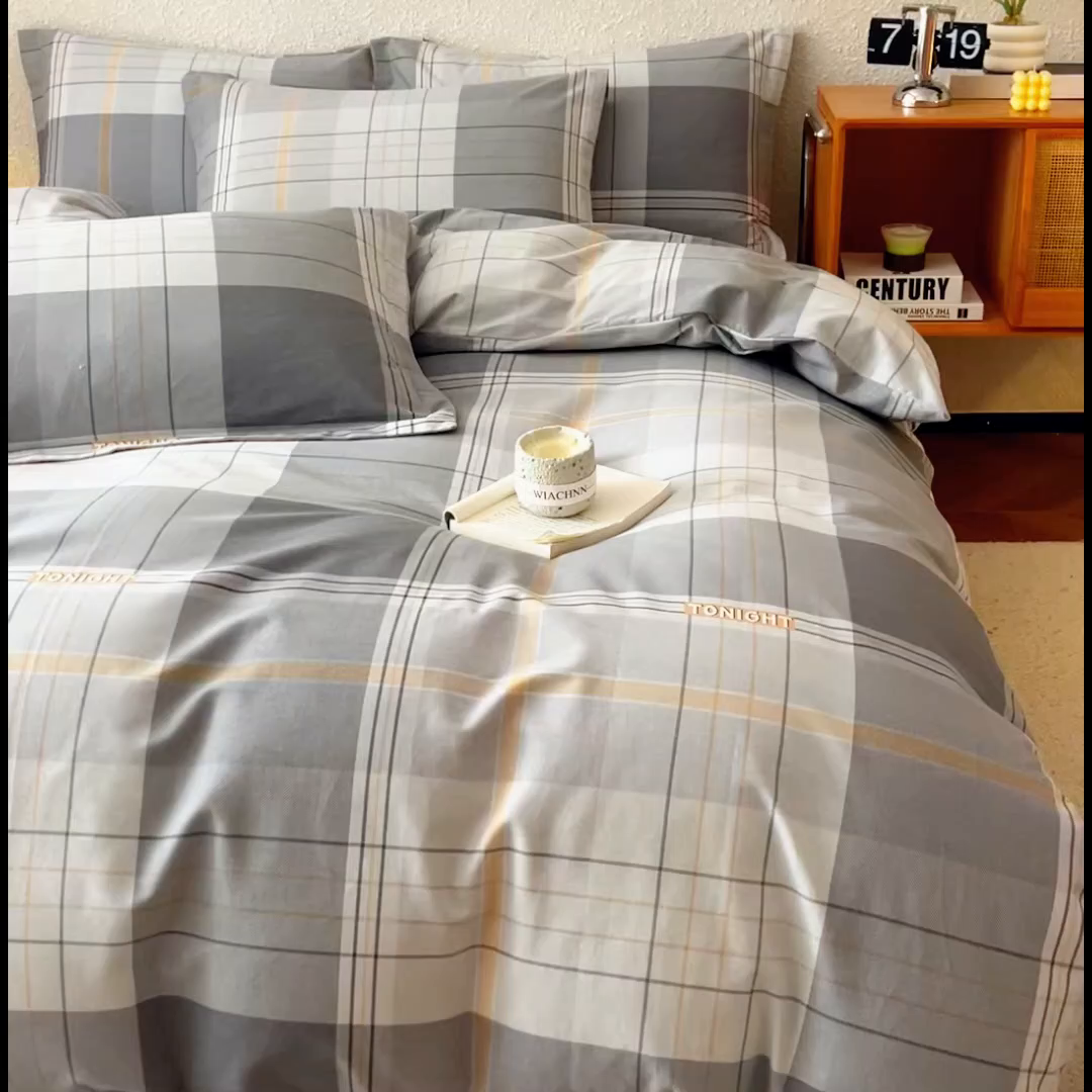 91家纺网 家纺一手货源 找家纺 小叮当家纺仓储工厂店 2025新款（买家秀 不断货）简约时尚全棉纯棉磨毛四件套 灰方格