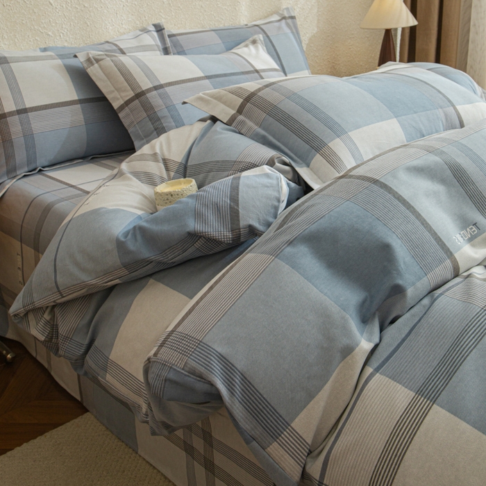 小叮当家纺仓储工厂店 2025新款（买家秀 不断货）简约时尚全棉纯棉磨毛四件套 梦幻格-蓝