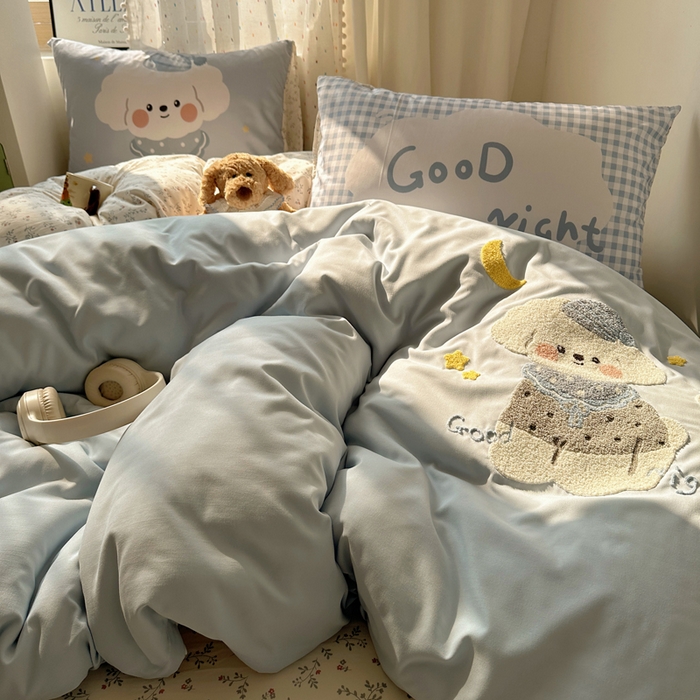 91家纺网 家纺一手货源 找家纺 澜妃 2025新款萌萌哒卡通毛巾绣四件套系列一 晚安月亮小狗