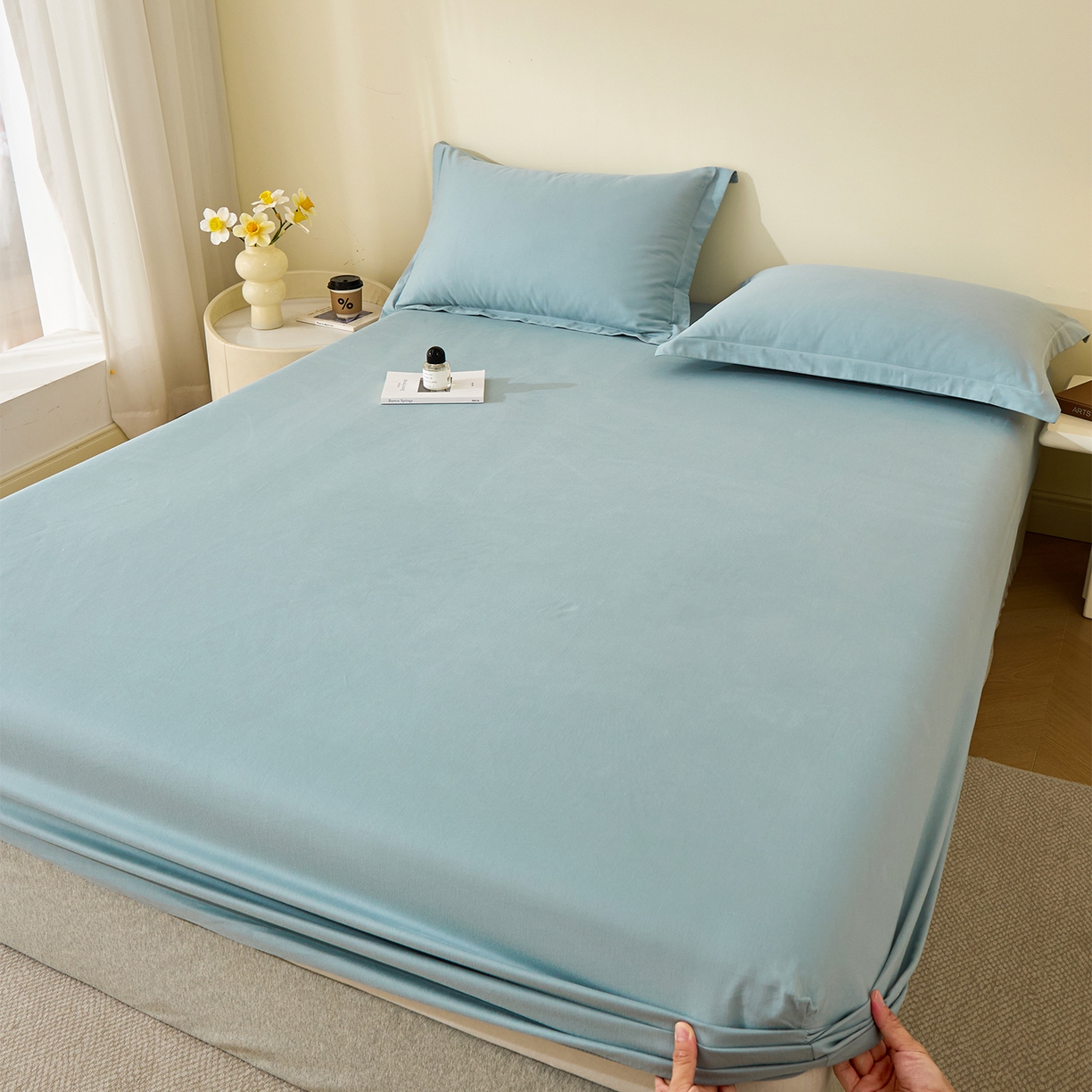 91家纺网 家纺一手货源 找家纺 元元家居（元元被业） 2025新款全棉纯棉磨毛纯色单床笠 丹青