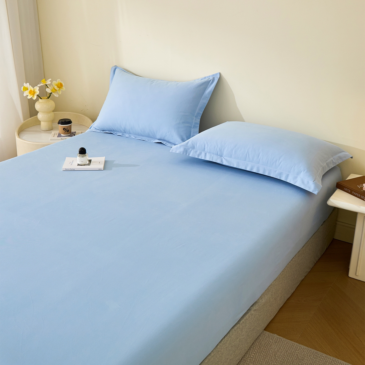 91家纺网 家纺一手货源 找家纺 元元家居（元元被业） 2025新款全棉纯棉磨毛纯色单床笠 景泰蓝