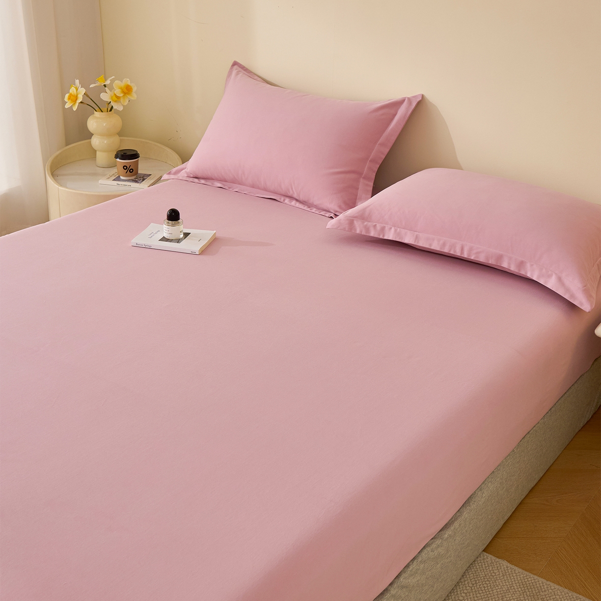 91家纺网 家纺一手货源 找家纺 元元家居（元元被业） 2025新款全棉纯棉磨毛纯色单床笠 芝士粉