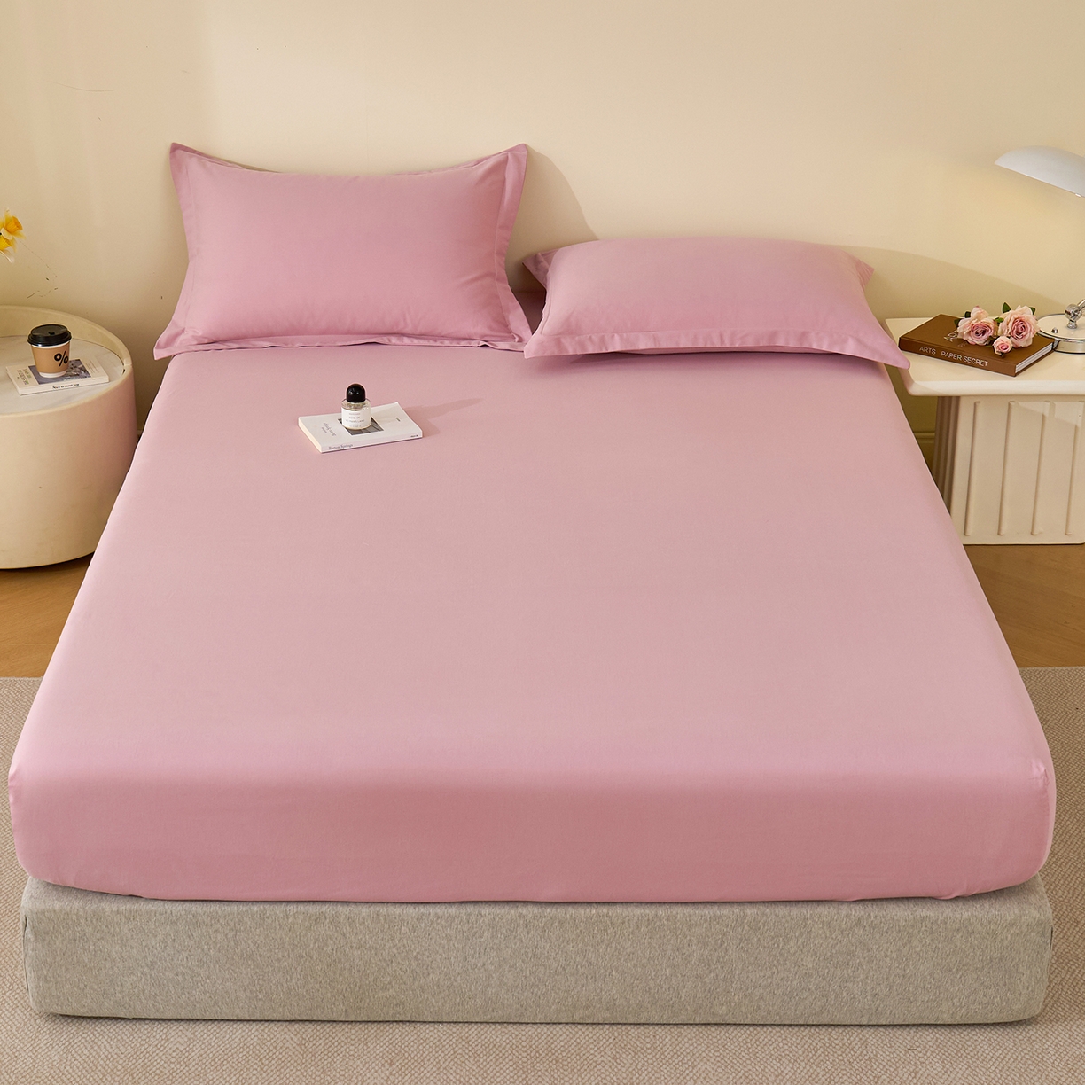 91家纺网 家纺一手货源 找家纺 元元家居（元元被业） 2025新款全棉纯棉磨毛纯色单床笠 芝士粉