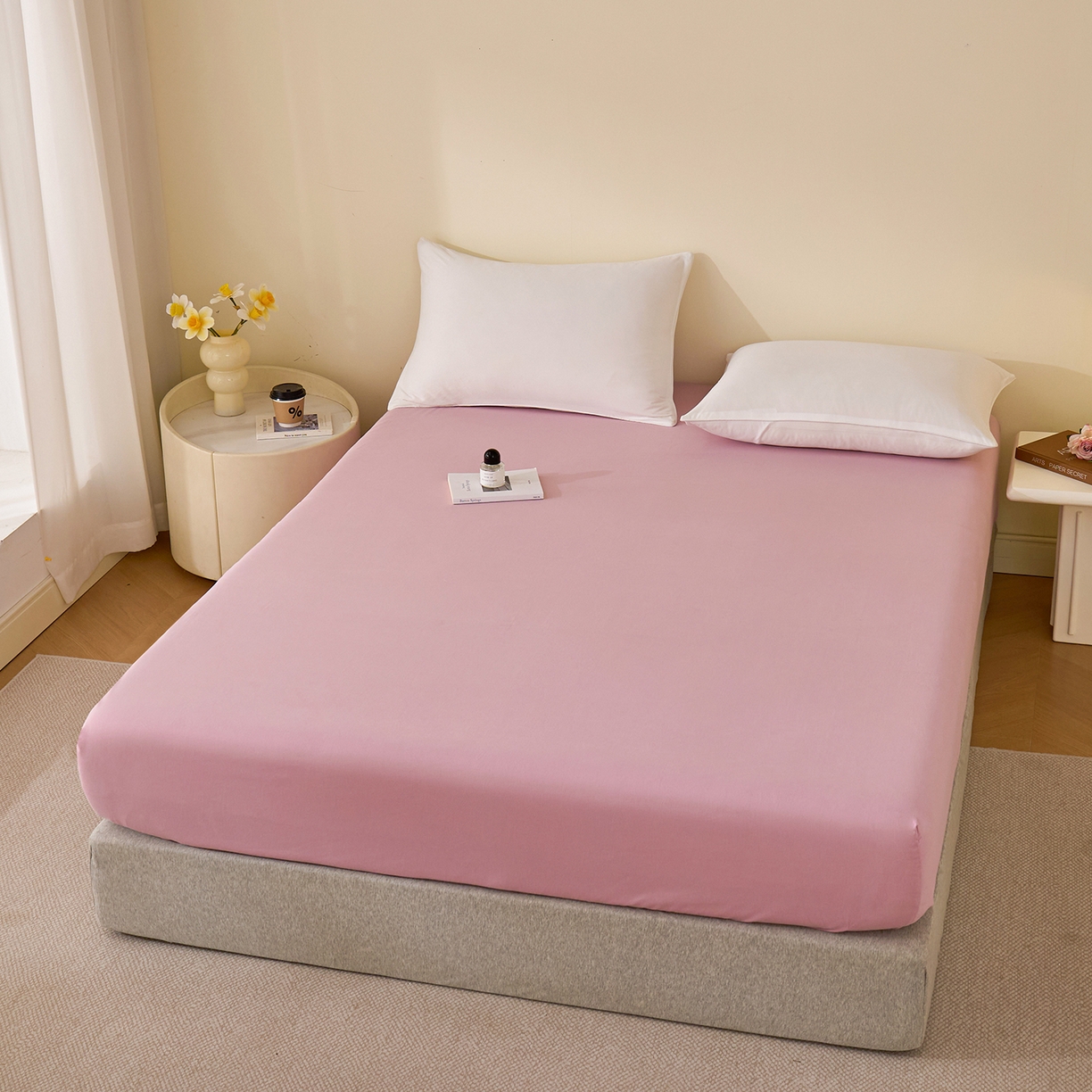 91家纺网 家纺一手货源 找家纺 元元家居（元元被业） 2025新款全棉纯棉磨毛纯色单床笠 芝士粉