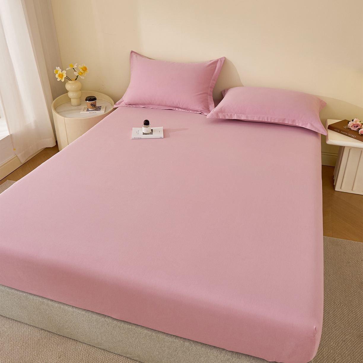 91家纺网 家纺一手货源 找家纺 元元家居（元元被业） 2025新款全棉纯棉磨毛纯色单床笠 芝士粉