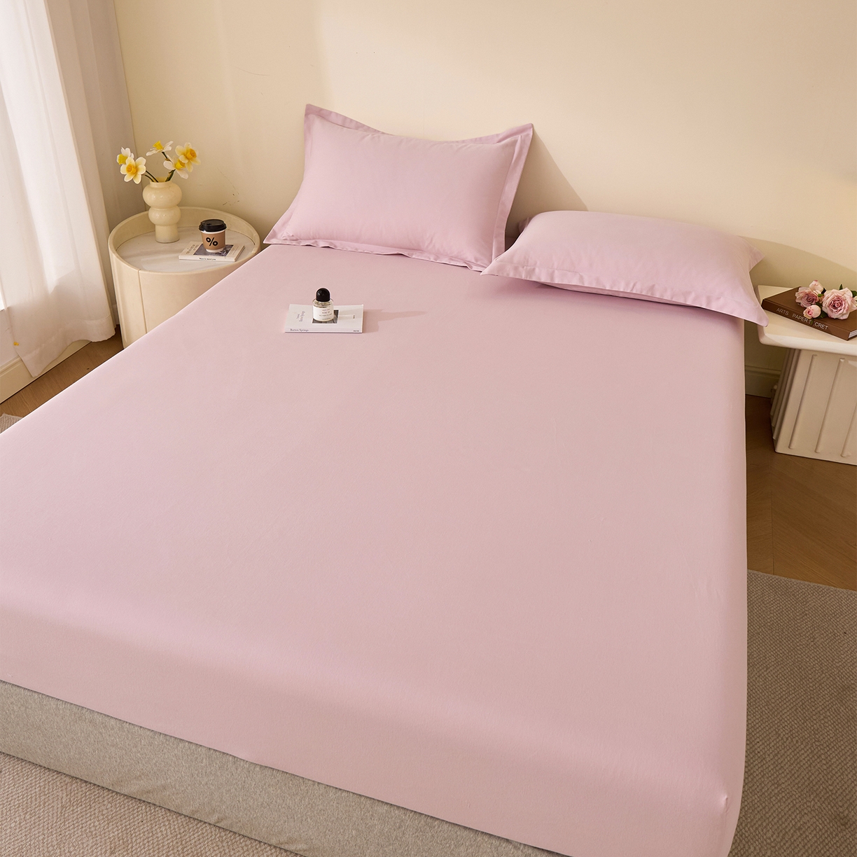 91家纺网 家纺一手货源 找家纺 元元家居（元元被业） 2025新款全棉纯棉磨毛纯色单床笠 水粉