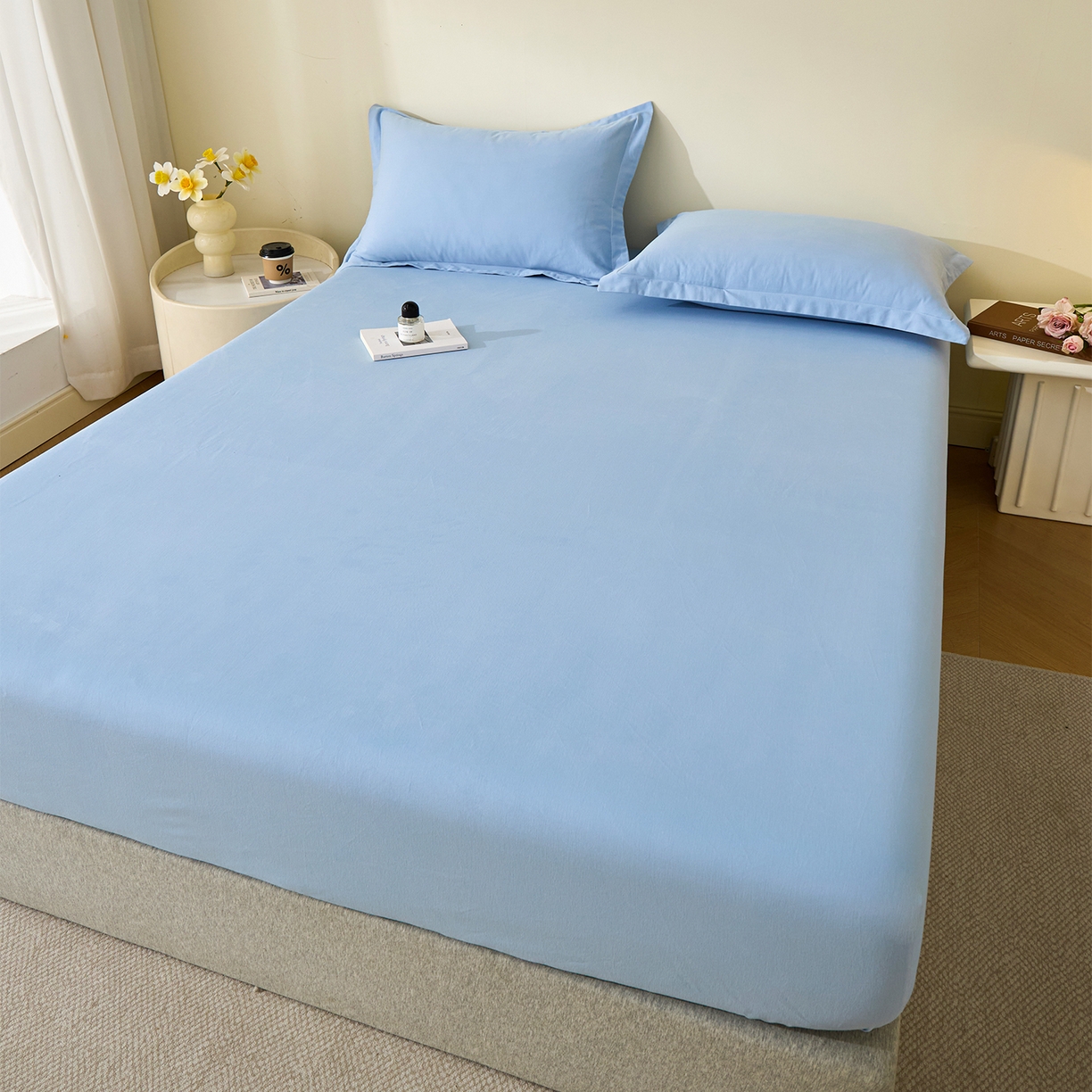 91家纺网 家纺一手货源 找家纺 元元家居（元元被业） 2025新款全棉纯棉磨毛纯色单床笠 景泰蓝