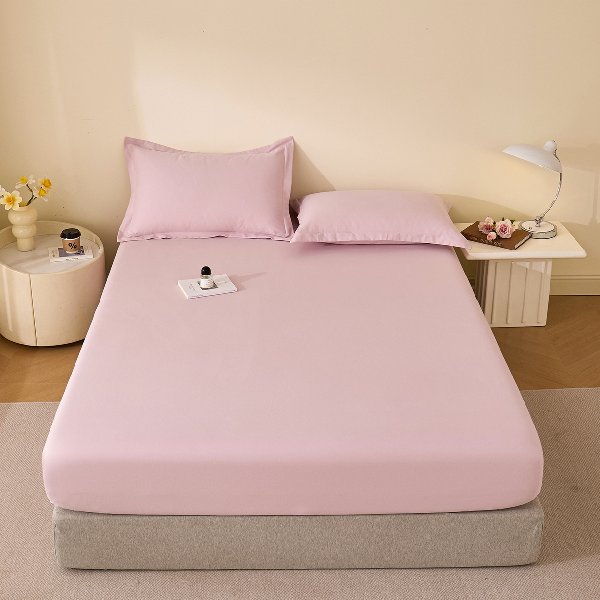 91家纺网 家纺一手货源 找家纺 元元家居（元元被业） 2025新款全棉纯棉磨毛纯色单床笠 水粉