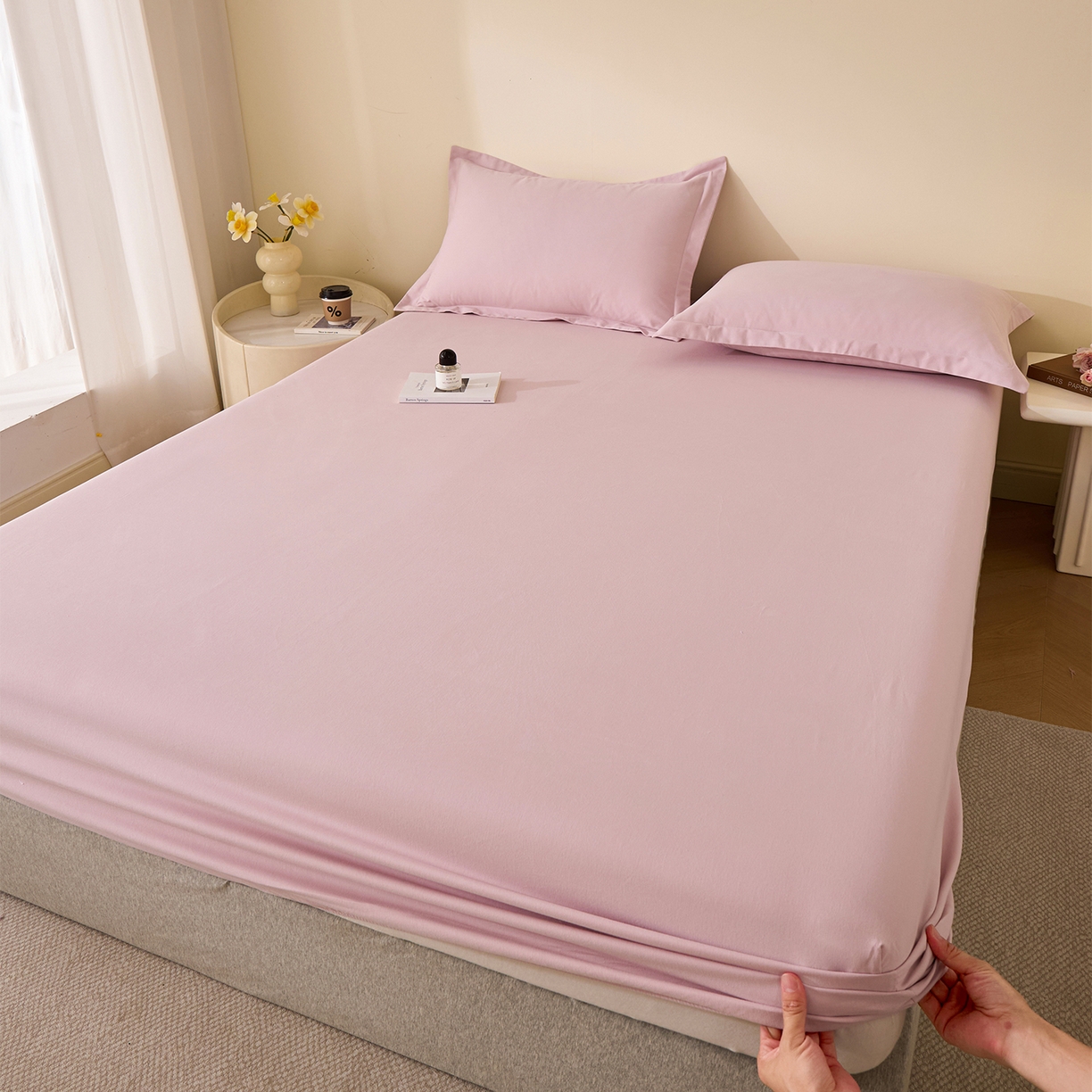 91家纺网 家纺一手货源 找家纺 元元家居（元元被业） 2025新款全棉纯棉磨毛纯色单床笠 水粉