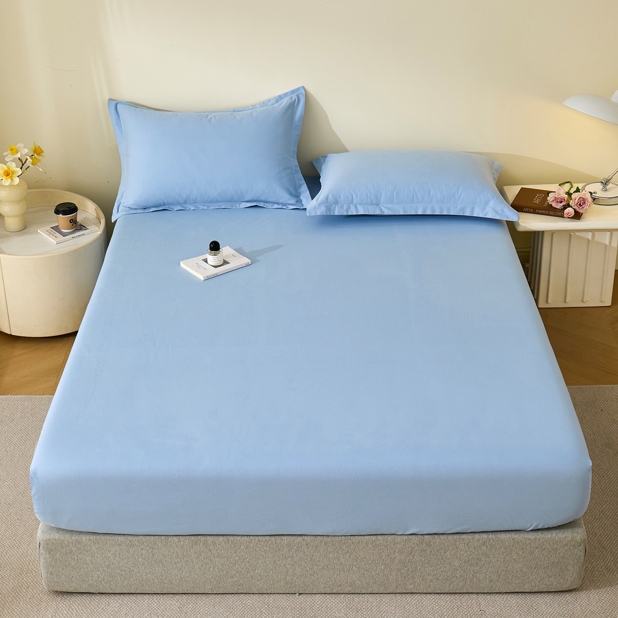 91家纺网 家纺一手货源 找家纺 元元家居（元元被业） 2025新款全棉纯棉磨毛纯色单床笠 景泰蓝